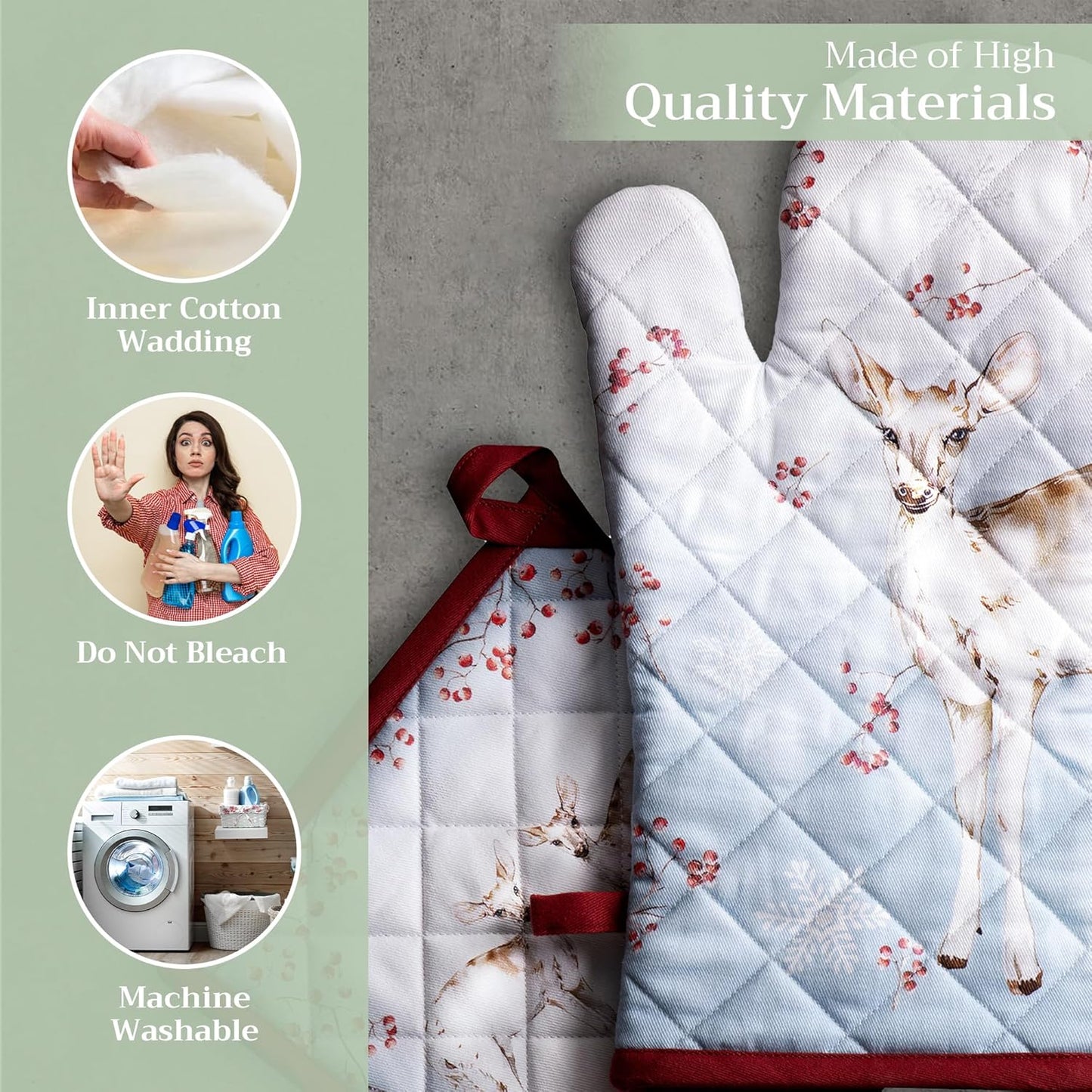 Maison d' Hermine 100% Cotton Oven Mitt & Pot Holder Set (7.5"x13" & 8"x8") Heat Resistant BBQ Cooking Gloves with Loop, Baking, Grilling, Kitchen, Handling Hot Pans (Fairytale Forest)