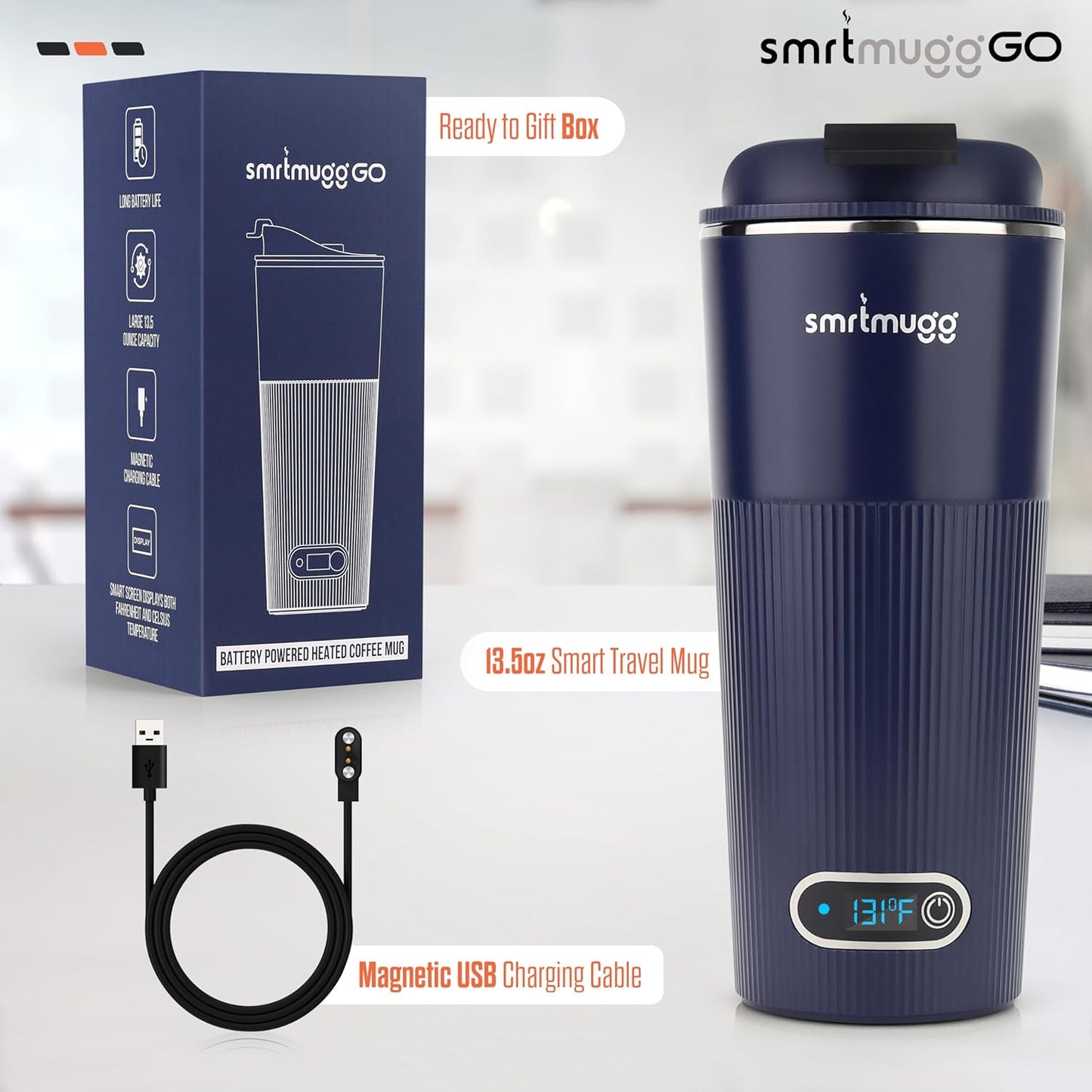 GO Heated Coffee Mug, Travel Mug, 13.5 OZ. Smart Mug, Battery Powered Heated Coffee Mug, Great for Coffee and Tea, Snap on Magnetic Charging Cord, New and Improved (Navy Blue)