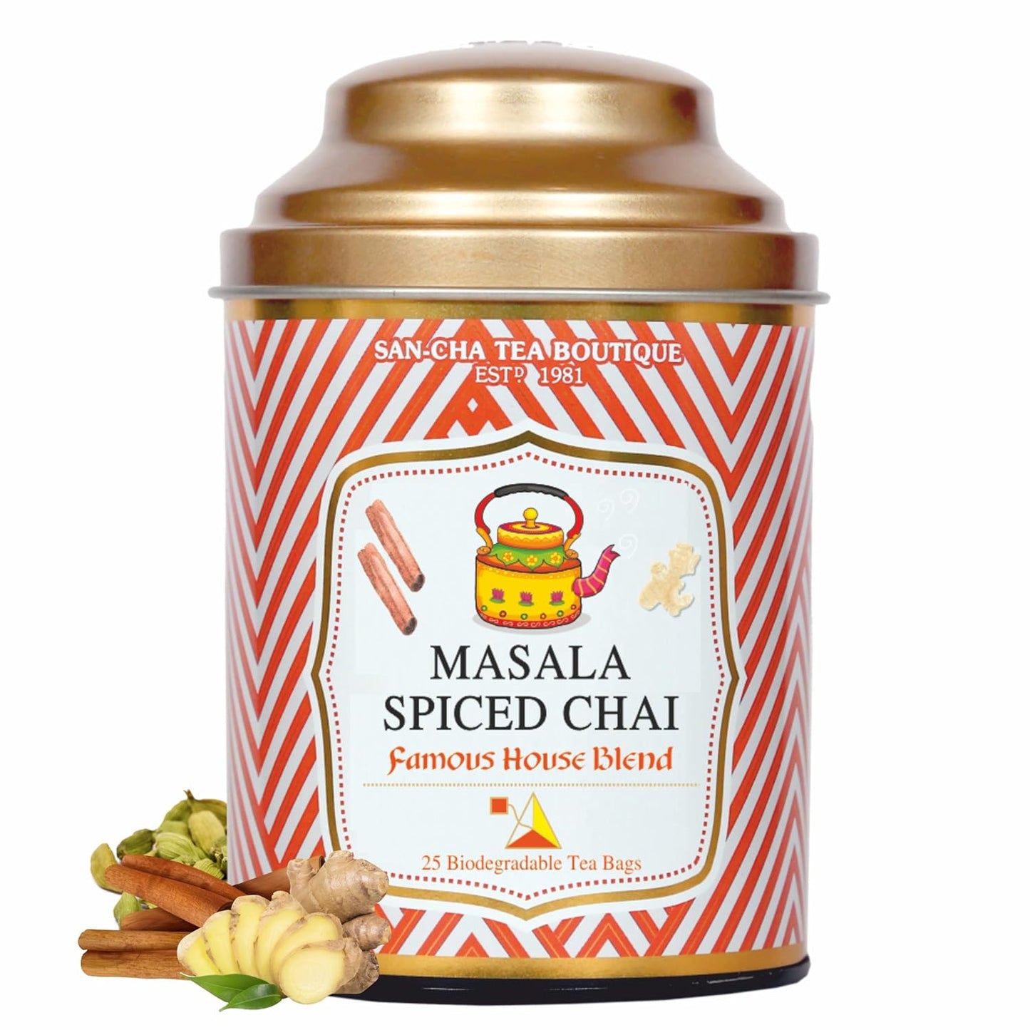 Sancha Tea Boutique, Masala Chai, Spiced Tea, 25 Pyramid Bags, India’s Famous Chai, Blend of Cinnamon, Ginger & Cardamom