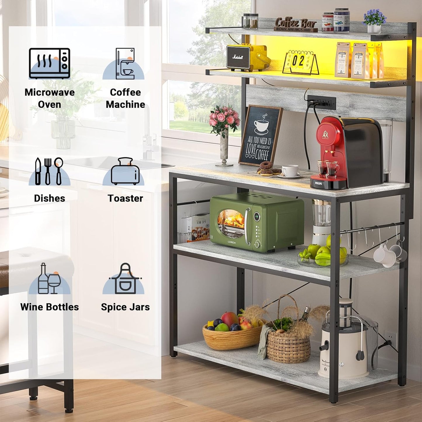 Aheaplus Bakers Rack with Power Outlet, Microwave Stand, 5 Tiers Coffee Bar Station with Led Lights, Kitchen Storage Shelf with 6 S-Shaped Hooks, Kitchen Rack Coffee Bar Stand, White Oak