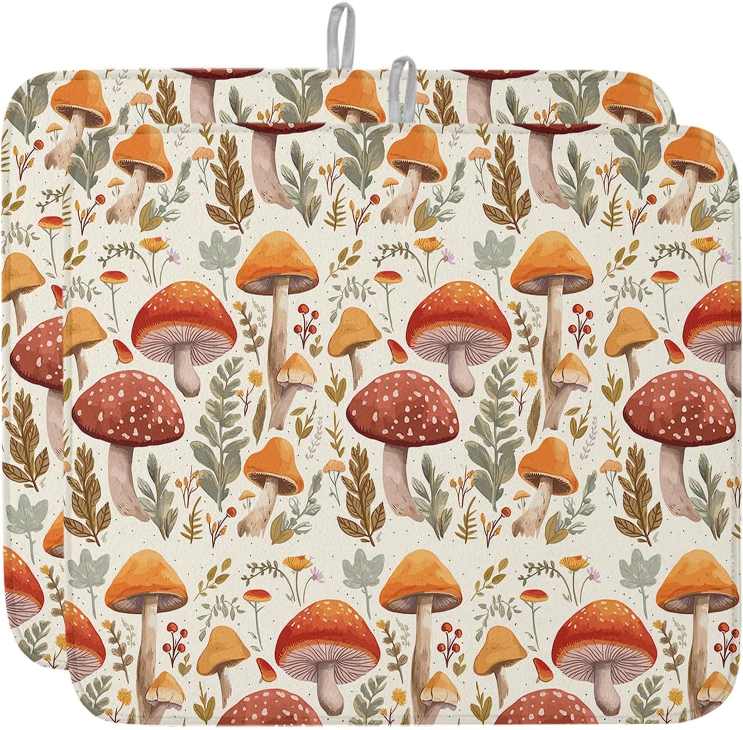 Fall Dish Drying Mat for Kitchen Counter Mushroom Drying Pad Absorbent Drying Mats for Countertops Sinks Draining Racks Autumn Plant Leaves Drainer Holiday Harvest Thanksgiving Decorations 16x18