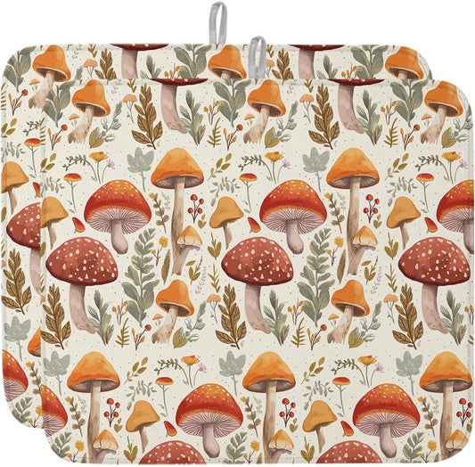 Fall Dish Drying Mat for Kitchen Counter Mushroom Drying Pad Absorbent Drying Mats for Countertops Sinks Draining Racks Autumn Plant Leaves Drainer Holiday Harvest Thanksgiving Decorations 16x18
