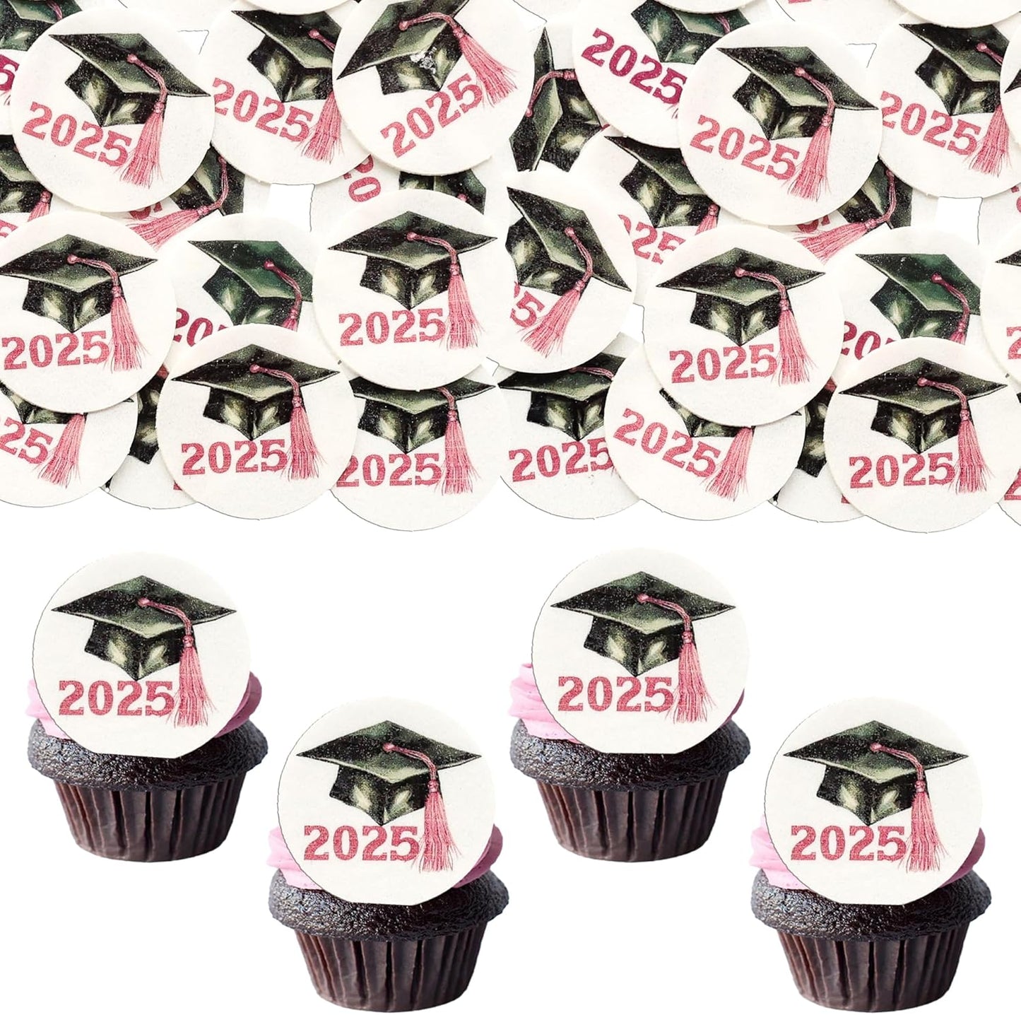 Gyufise 48Pcs Edible 2025 Graduation Cap Cupcake Toppers Wafer Paper Class of 2025 Grad Cap Cupcake Picks for 2025 Graduation Theme Party Cake Decorations Supplies Pink