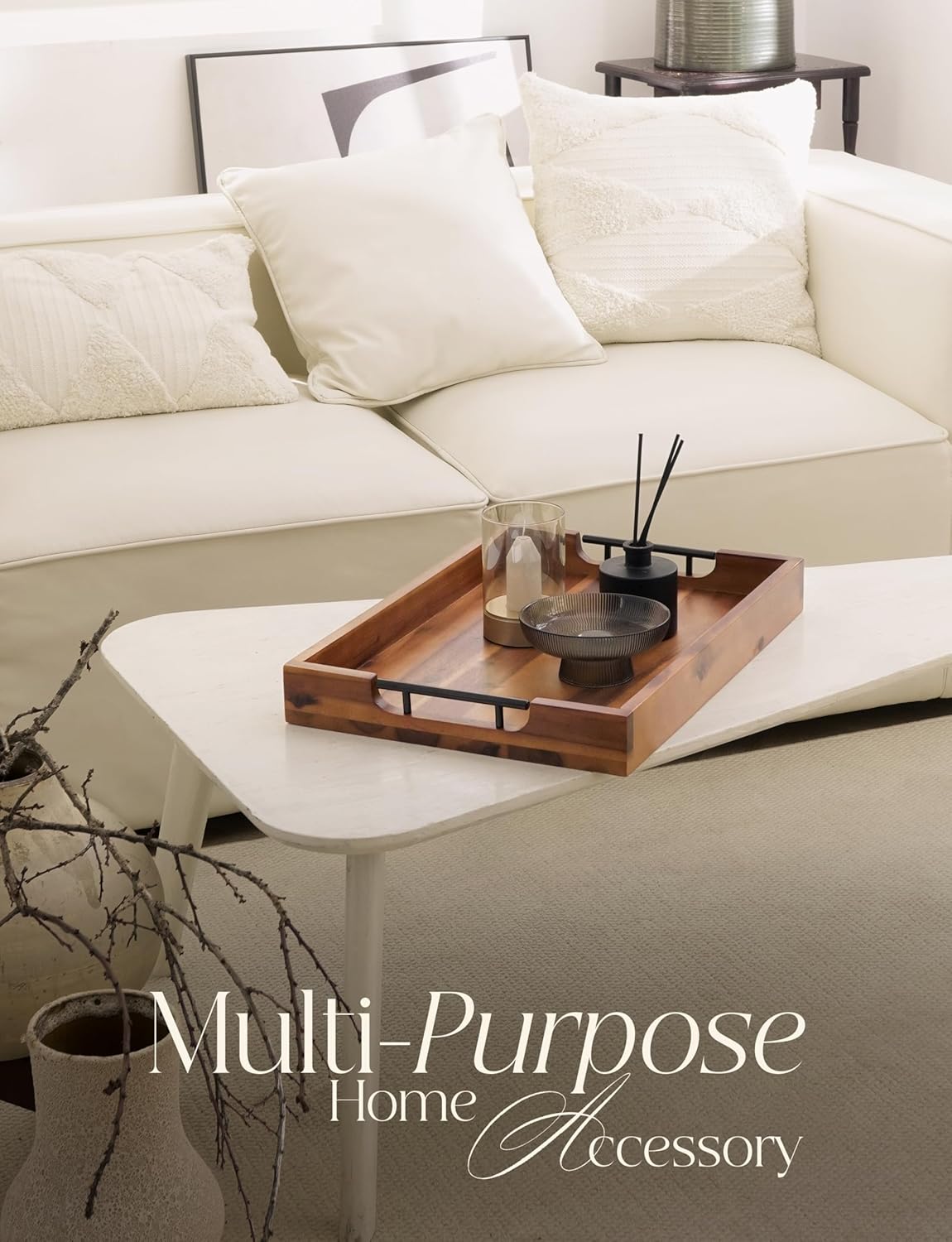 20 Inch Acacia Wood Ottoman Tray with Metal Handle - Wooden Square Serving Tray - Extra Large Food Trays for Decorative, Coffee Table, Breakfast in Bed - Charcuterie Trays Use for Kitchen