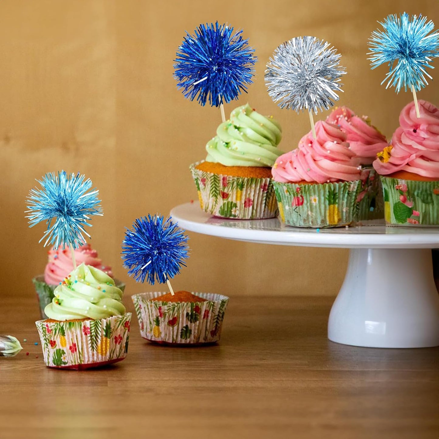 Gyufise 30Pcs Foil Firework Cupcake Toppers Sparkle Tinsel Cake Toppers Tinsel Drink Cake Decoration Cocktail Picks for Birthday Wedding Graduation Party Supplies Blue Silver