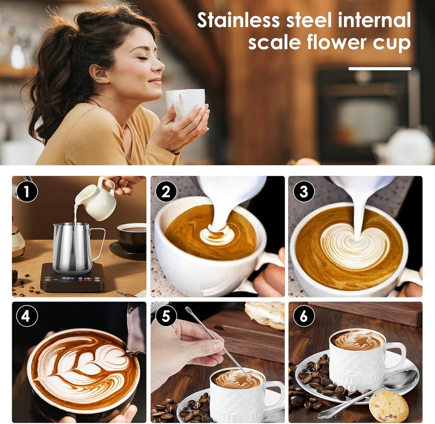 900ml Stainless Steel Milk Frothing Pitcher with Measurement Marks, 32oz Steaming Pitcher for Coffee, Cappuccino, Latte Art Milk Jug Cup for Home & Professional Use (1)