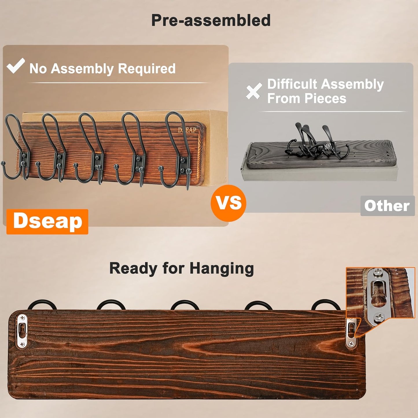 Dseap Coat Rack Wall Mounted - Heavy Duty Farmhouse Rustic Wall Coat Hanger with 5 Wire Hooks for Clothes Hat Jacket Towel, RusticWire, J1-5A, Black, Pack of 2