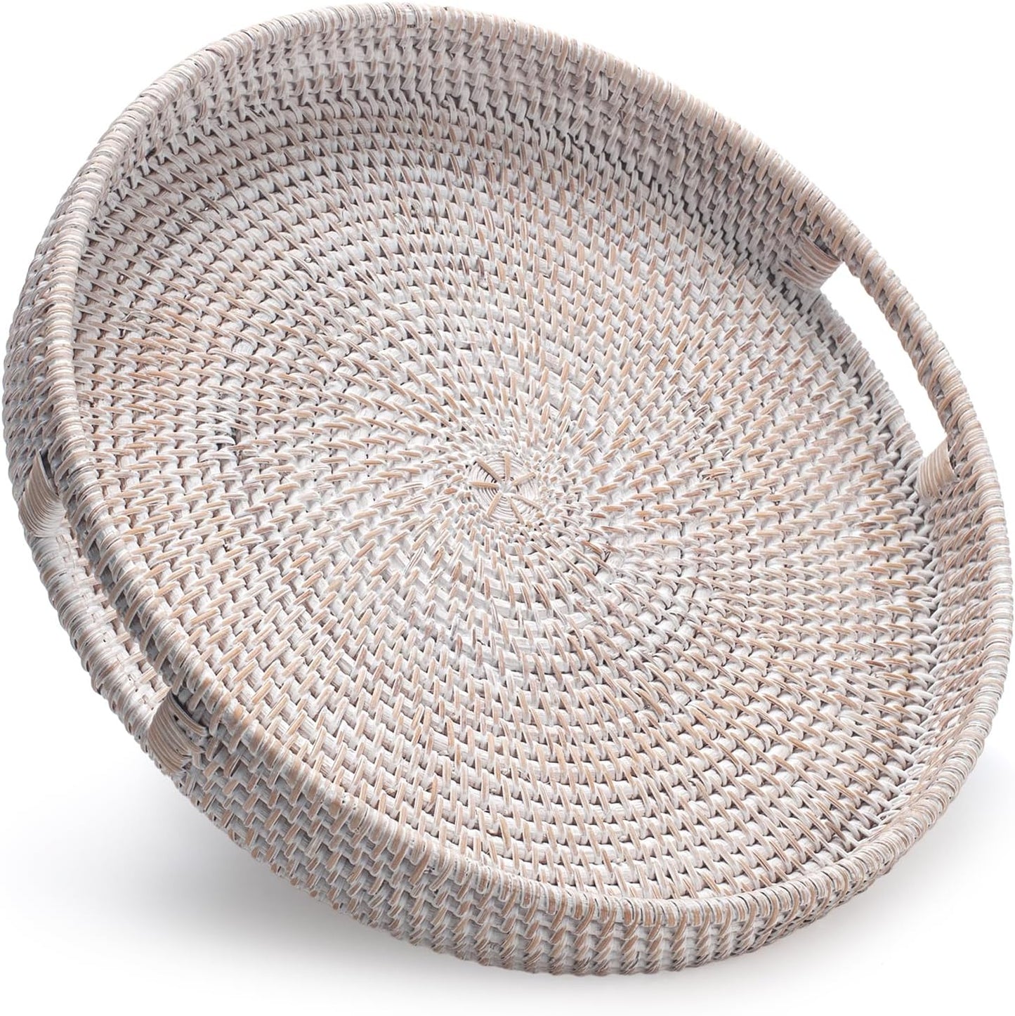 13.8 inch Round Rattan Tray, Decorative Coffee Table Tray, Ottoman Tray, Woven Serving Tray with Handles, Wicker Serving Basket, Whitewash