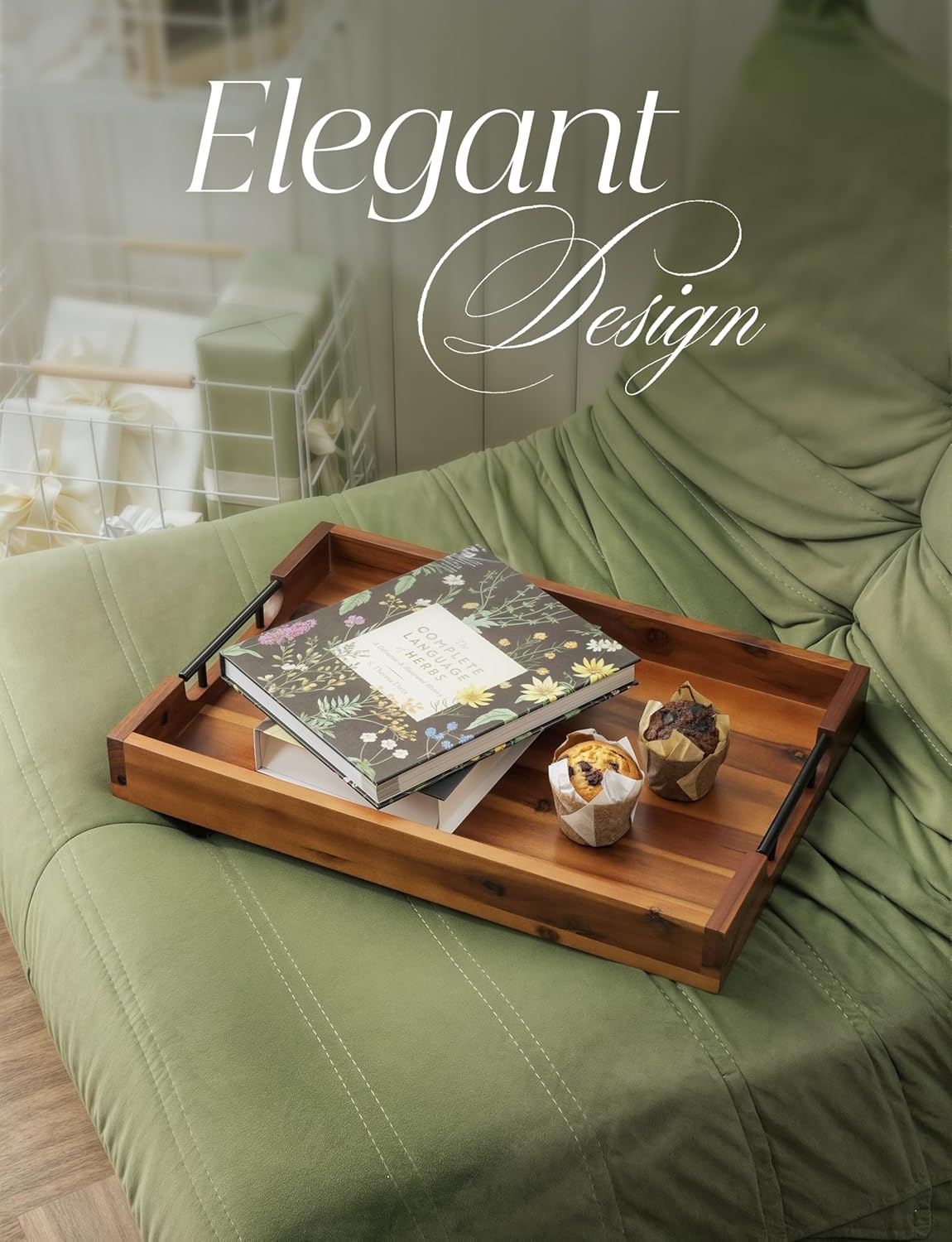 20 Inch Acacia Wood Ottoman Tray with Metal Handle - Wooden Square Serving Tray - Extra Large Food Trays for Decorative, Coffee Table, Breakfast in Bed - Charcuterie Trays Use for Kitchen