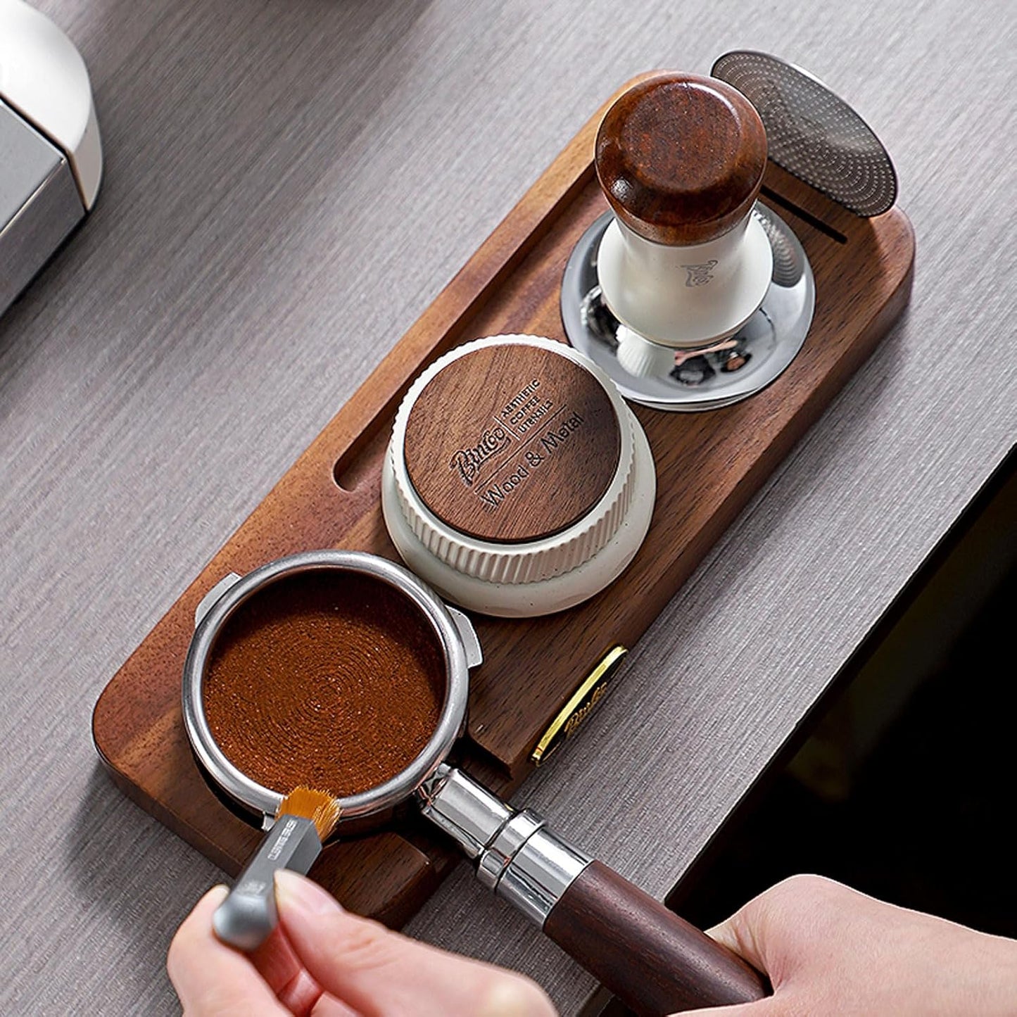 Bincoo 51/53mm Espresso Tamping Station - Sapele Coffee Bar Organizer with Non-Slip Mat, Multi-Slot Design for Counter, Holds Tamper,Distributor, Basket Holder