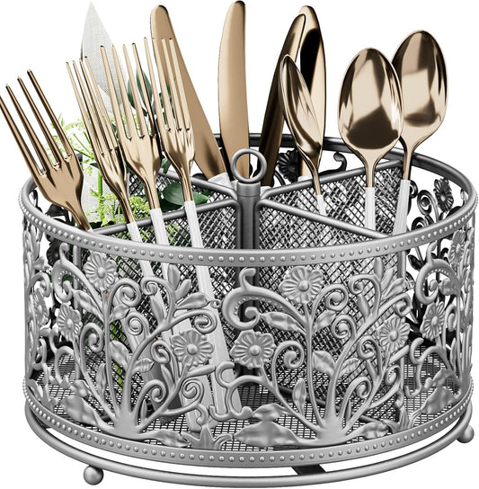 360° Rotating Utensil Caddy - Silverware Cutlery Caddy Holder with 4 Compartment, Metal Flatware Organizer Countertop with Handle for Party Camping Picnic, Kitchen Counter, Office (Silver)