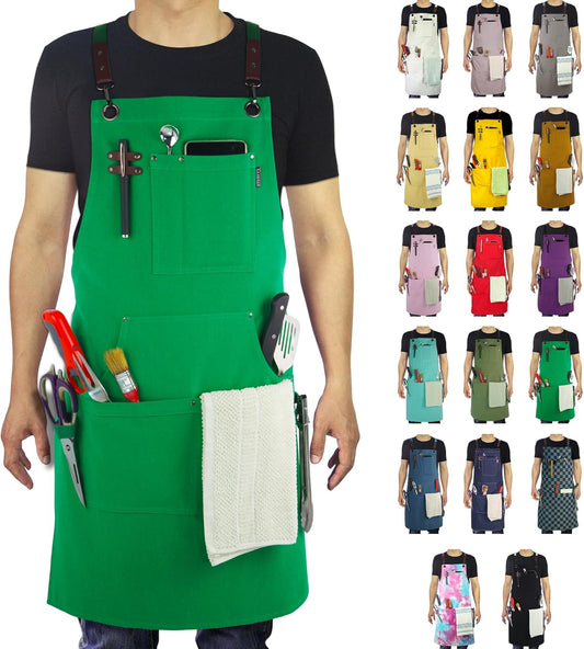 Kitchen Apron, Work Apron, Canvas, Multiple Pockets, Gardening, Painting, BBQ, Artist, Carpenter, Sizes M to XXL, Green