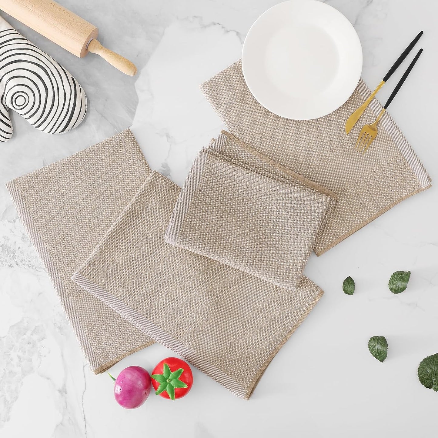 Homaxy Premium Kitchen Towels(18”x 28”, 8 Pack), Large Cotton Kitchen Hand Towels, Flat and Terry Dish Towels, 380 GSM Highly Absorbent Tea Towel Set with Hanging Loop, Khaki