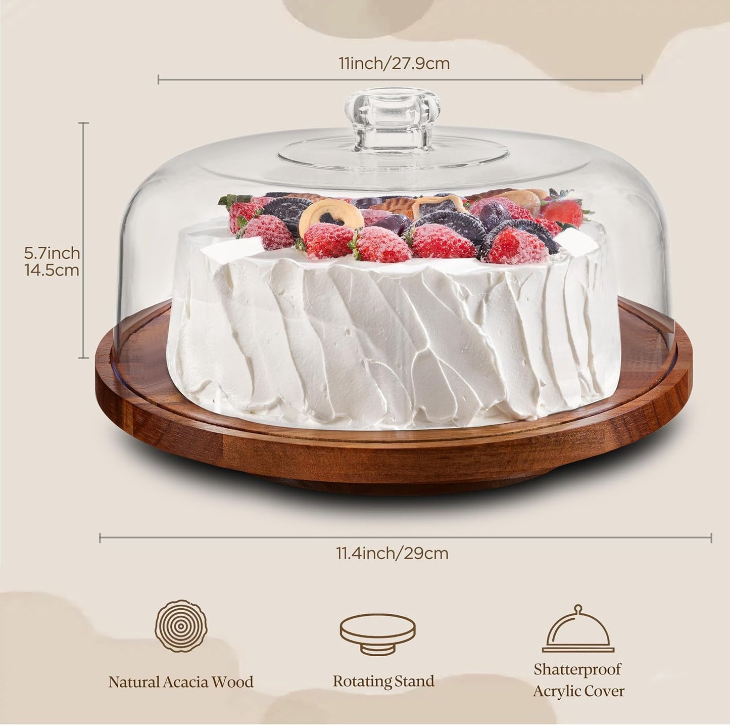 HBlife Cake Stand with Lid (11.4"), Rotating Cake Stand with Acrylic Dome, Acacia Wood Cake Plate Display with Cover for Baking Gifts, Birthday Kitchen Parties, Weddings