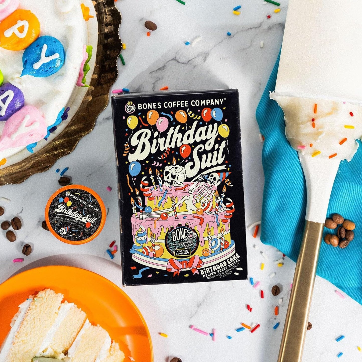 Bones Coffee Company Birthday Suit, Birthday Cake Flavored Coffee Pods, Low Acid Medium Roast Single-Serve Bones Cups, Compatible with 1.0 & 2.0 K-Cups Brewers Coffee Maker, 12 Count