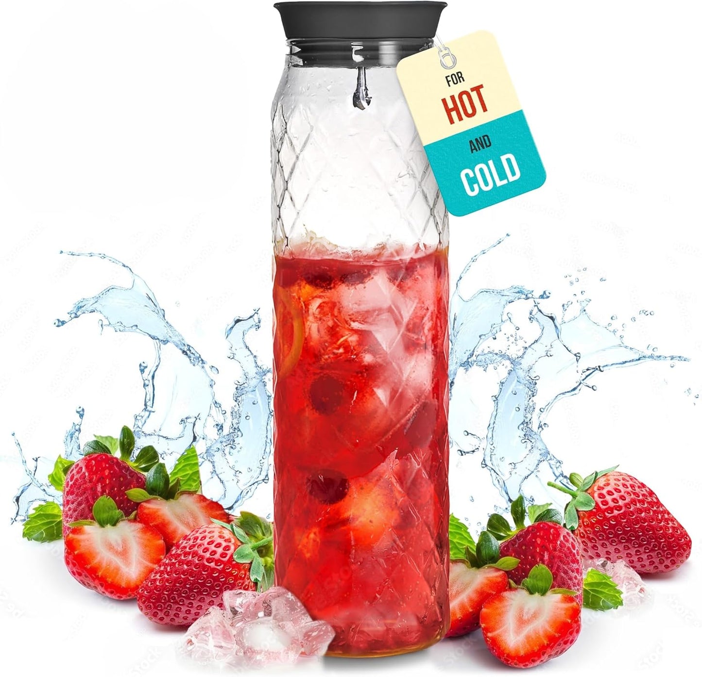 Glass Pitcher - 1.2 Liters / 41 oz, Borosilicate Glass - Water Carafe with Lid - for Hot/Cold Beverages - Milk Jug - Iced Tea Pitcher - Juice Server - by PJC-Kitchen