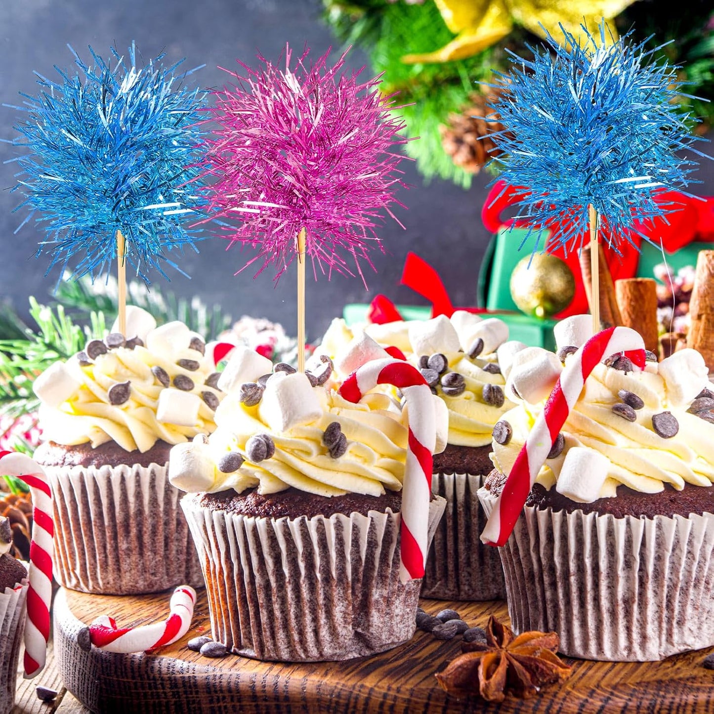 Chinco 100 Pcs Foil Firework Cupcake Toppers Sparkle Tinsel Cake Toppers Cake Decoration Cocktail Fruit Toothpick for Birthday Wedding Graduation Party(Pink, Light Blue)