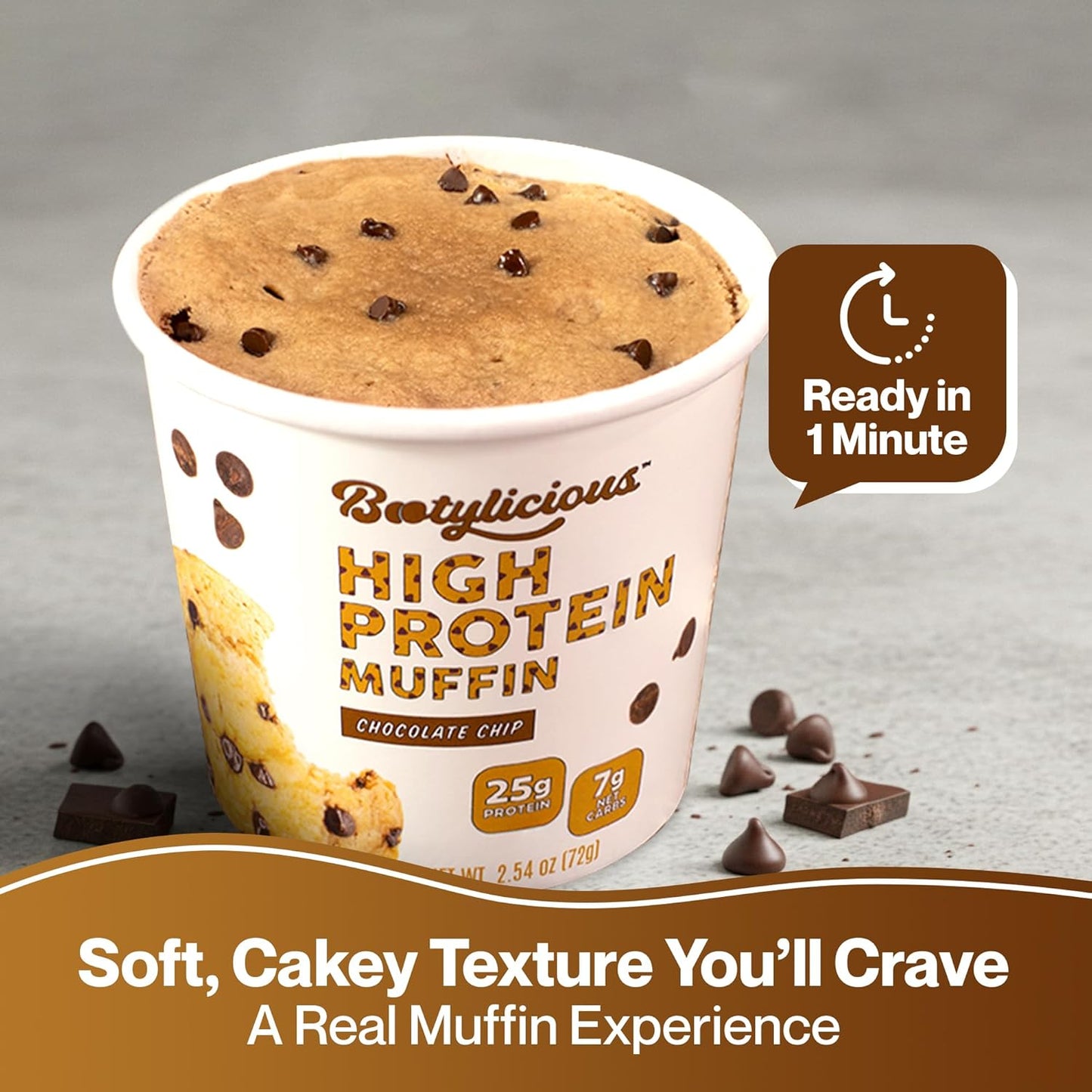 Bootylicious | High-Protein Muffin | 25g Protein, 7g Net Carbs, 1.86-1.76oz Cup, 12-Pack (Chocolate Chip)
