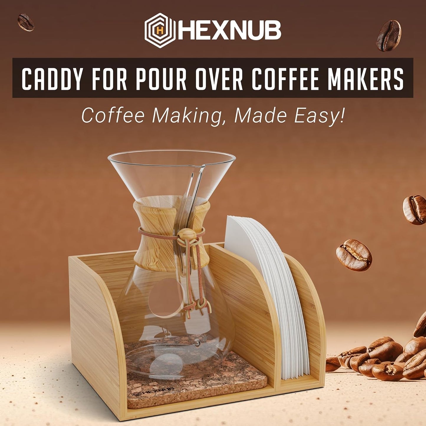 HEXNUB – Caddy for Pour Over Coffee Maker, Bamboo Stand fits Chemex, Bodum, Cosori Coffee Carafes, Heatproof Mat, Filter Holder for Drip Coffee Maker - Cork Mat