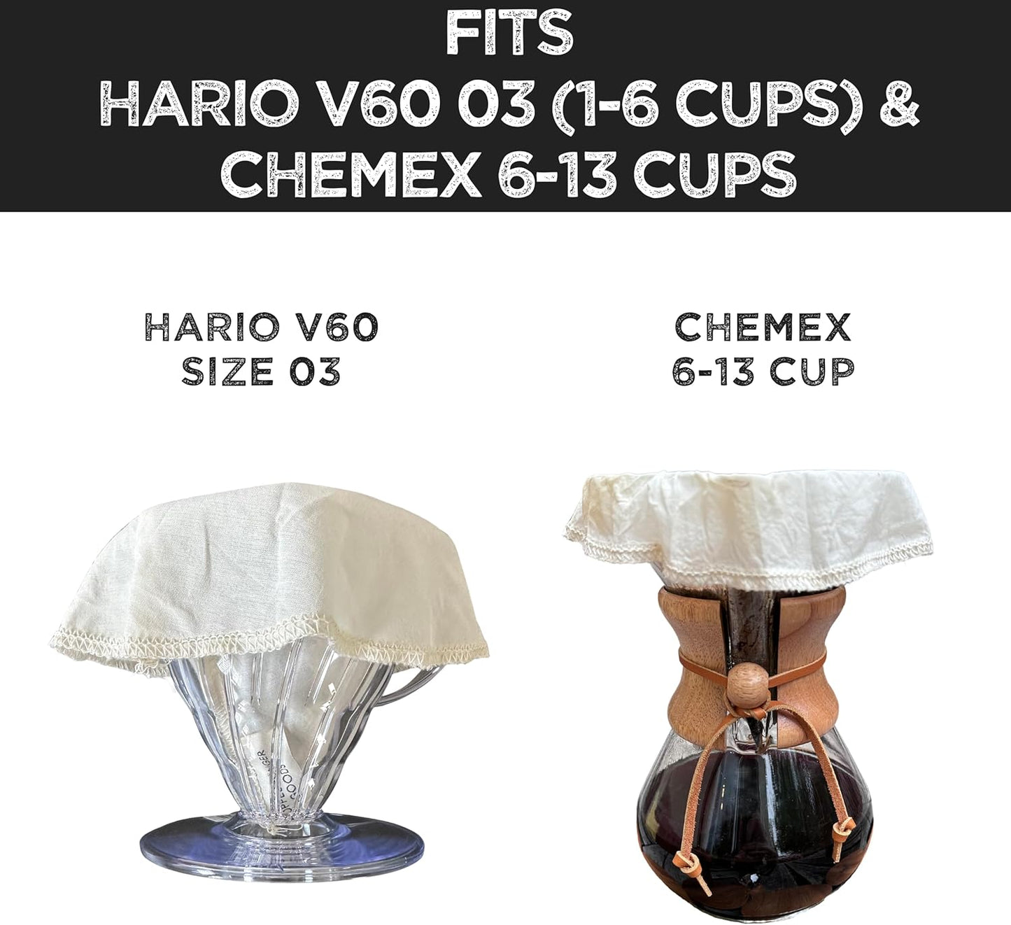 (2-Pack) Reusable Organic Cotton Pour Over Cone Filters for Hario V60 and Chemex Style Style Filters — Pourover Coffee Filter Maker Cup Ceramic, Glass, Plastic Dripper (Size 03, 1-6 Cups)