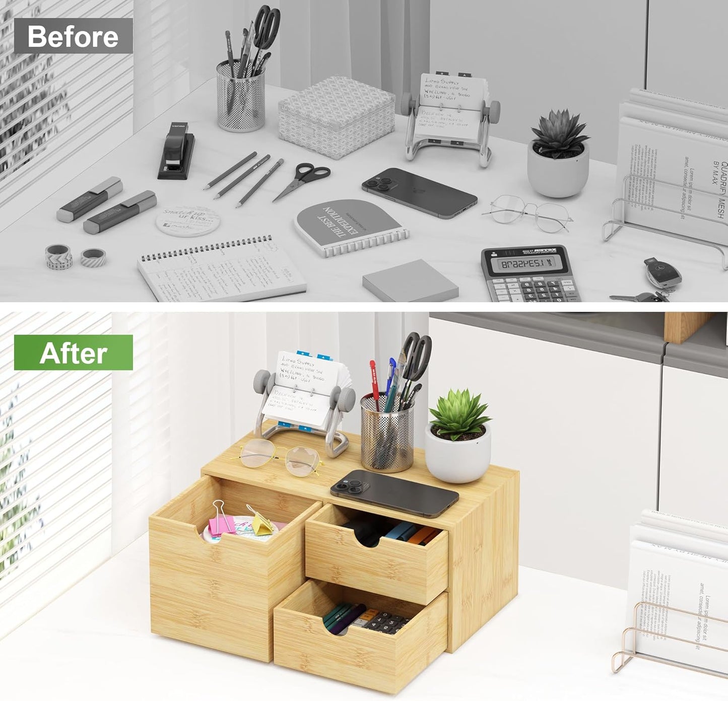 Bamboo Desk Organizer with Drawers - Small Desktop Countertop Mini Tabletop Storage Container - No Assembly Required