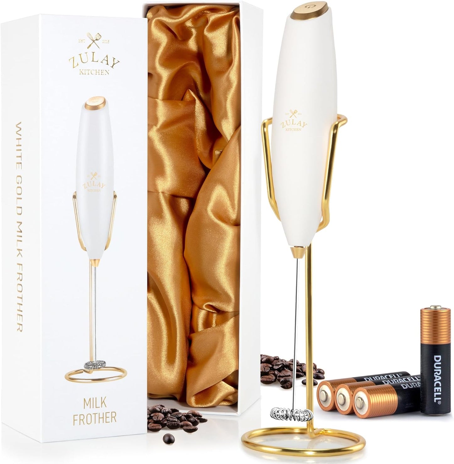 Zulay Kitchen Executive Series Luxury Gift Milk Frother with 4 Duracell Batteries – Handheld Electric Foam Maker for Coffee, Lattes & Hot Chocolate – Deluxe Finish, Ultimate Gift for Coffee Lovers