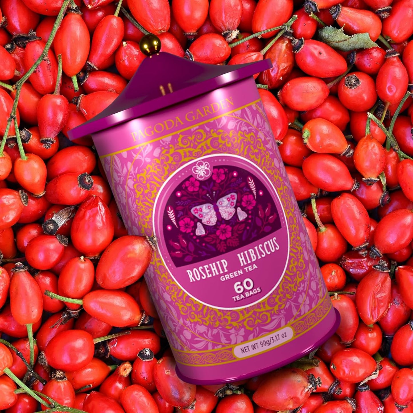 Life Plus Style Gourmet Pagoda Garden Rosehip Hibiscus Green Tea Organic Herbal Tea Caffeinated Hot or Iced Natural Ceylon Tea Antioxidants Supports Wellness 60 Tea Bags