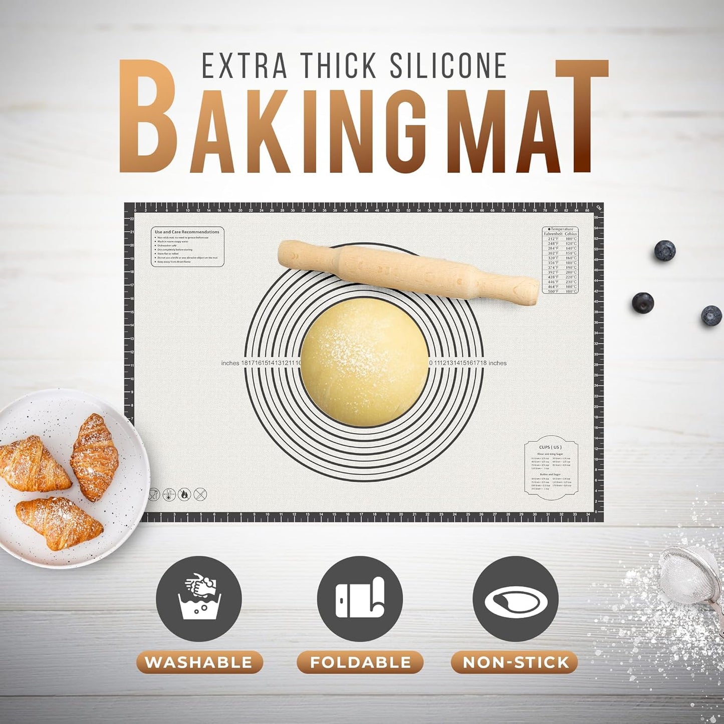 36 * 24 inches Black, Non-Slip Silicone Baking Sheets - Baking Mat with 0.7mm Thickness - Non-Stick Pastry & Cookie Mat for Kitchen Counter for Rolling Out Dough with Measurements.