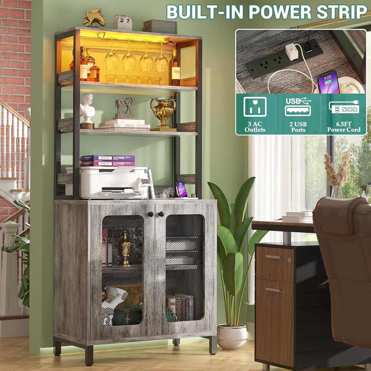 Aheaplus Bar Cabinet with Power Outlets, 67" Tall Wine Bar Cabinet Liquor Cabinet with LED Lights and Glass Holder, Coffee Bar Station for Living Room, Microwave Stand Bakers Rack Cabinet, White Oak