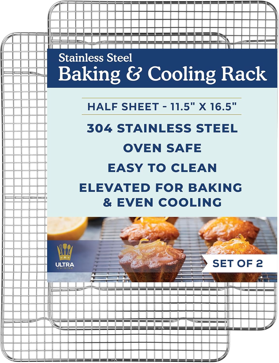 Ultra Cuisine Stainless Steel Cooling Rack & Aluminum Baking Pan Set - Professional Quality, Fits Half Sheet Pans - Cookie Sheet for Baking - 11.5"x16.5" Rack, 18"x13" Pan