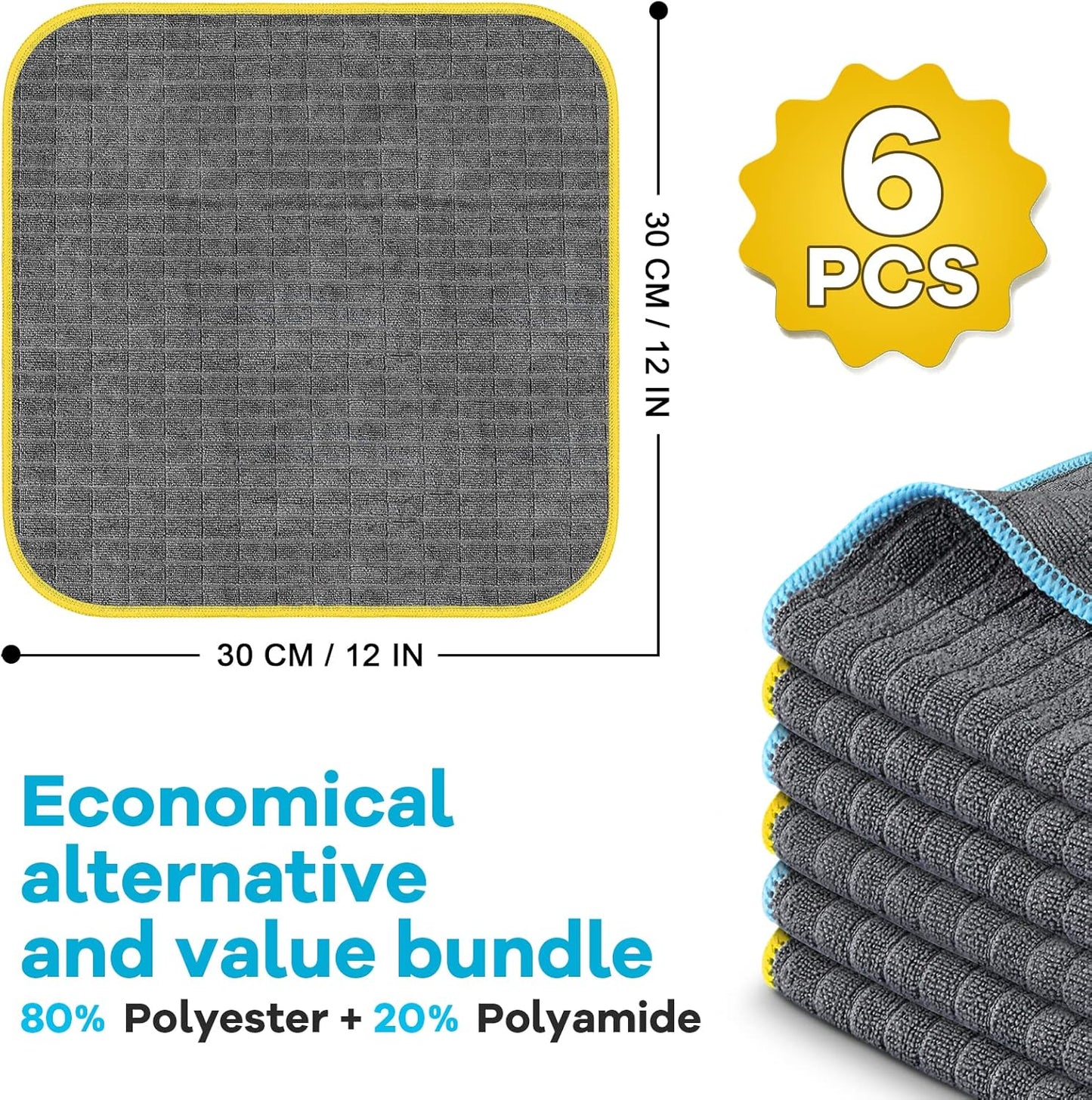 Airlab Microfiber Cleaning Cloth for Household Dust Rags for Cleaning All-Purpose Towels Streak Free Kitchen Dishes Reusable Pack of 6, 12" x 12"