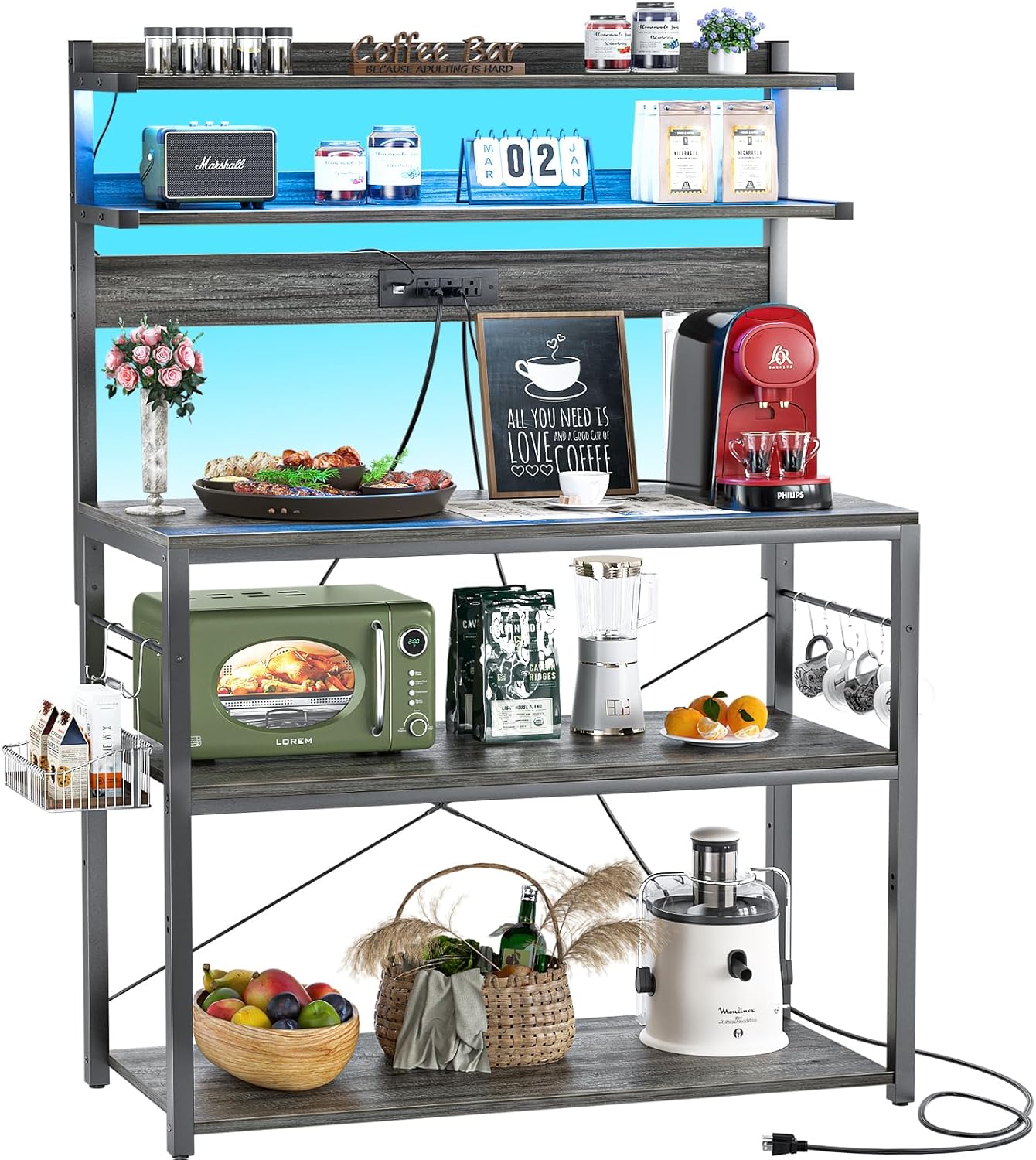Aheaplus Bakers Rack with Power Outlet, Microwave Stand, 5 Tiers Coffee Bar Station with Led Lights, Kitchen Storage Shelf with 6 S-Shaped Hooks, Kitchen Rack Coffee Bar Stand, Grey Oak