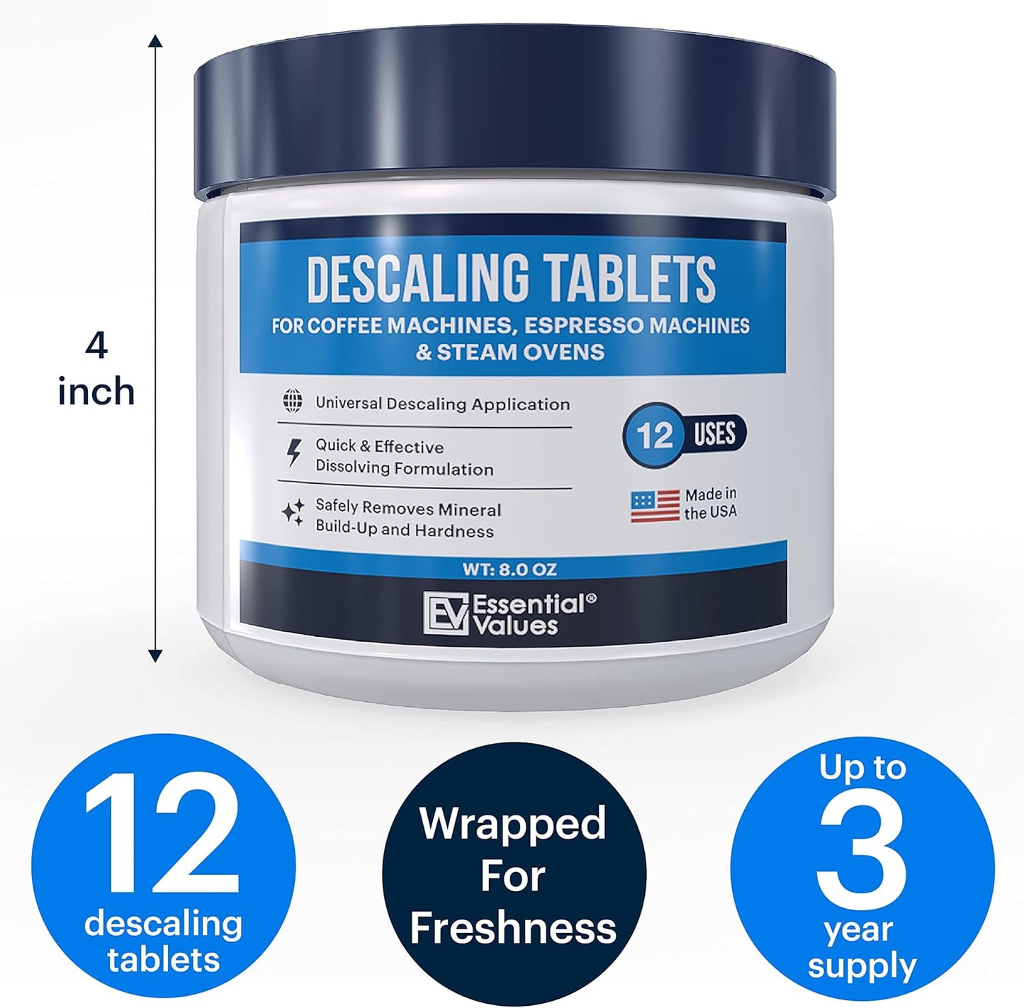 Essential Values Descaling Tablets (12 Count/Up to 12 Uses) for Jura, Miele, Bosch, Tassimo Espresso Machines and Miele Steam Ovens (1 Pack)