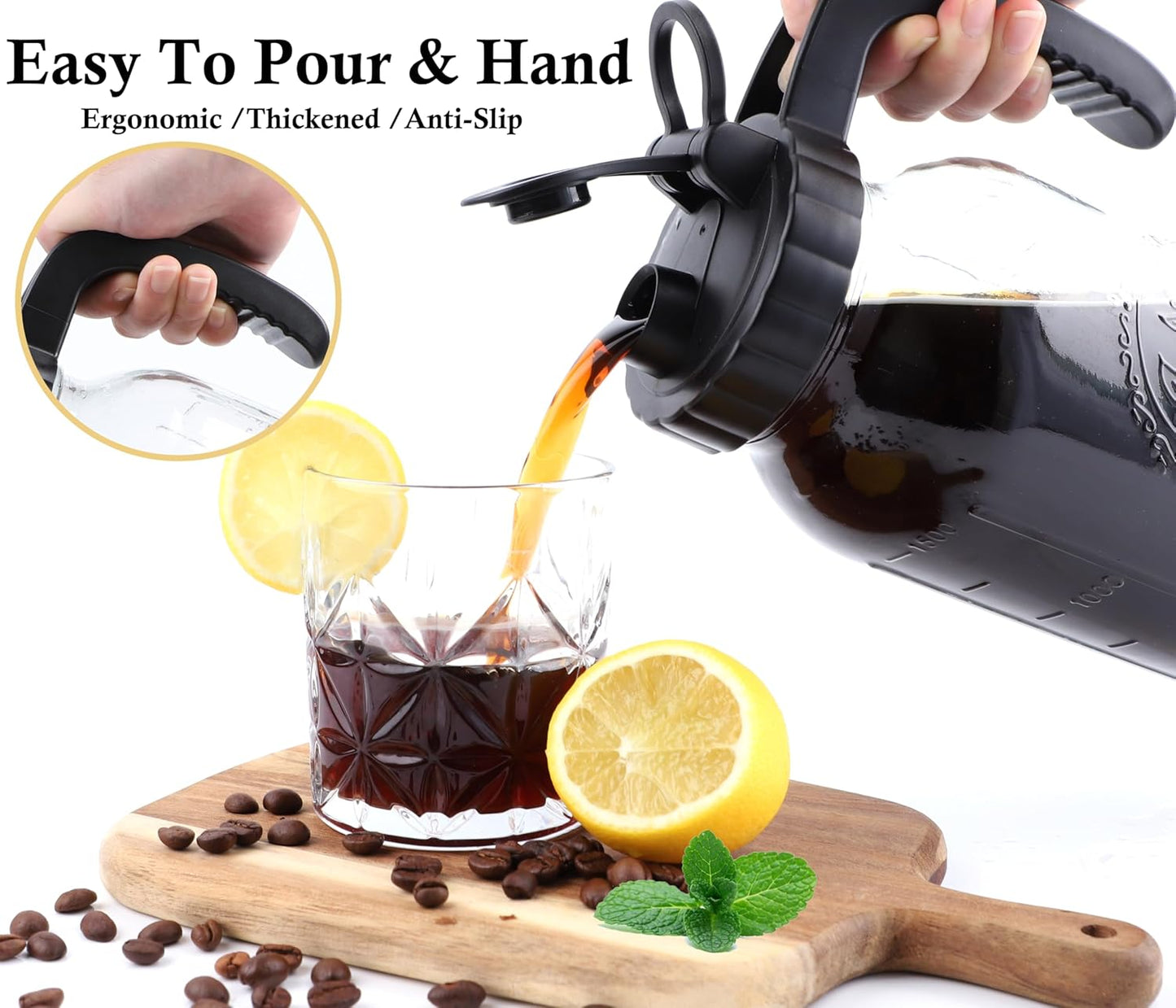 Cold Brew Coffee Maker Pitcher 2 Quart Glass Mason Jar With Spout Lid Filter Half Gallon Wide Mouth Iced Tea Brewing Jug Heavy Duty Handle Airtight & Leak-Proof Pitcher For Fridge Sun Tea 64 OZ