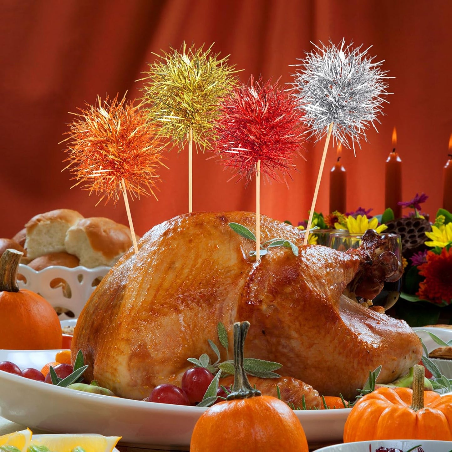 Chinco 100 Pcs Foil Firework Cupcake Toppers Sparkle Tinsel Cake Toppers Cake Decoration Cocktail Fruit Toothpick for Birthday Wedding Graduation Party (Silver, Red, Orange, Gold)