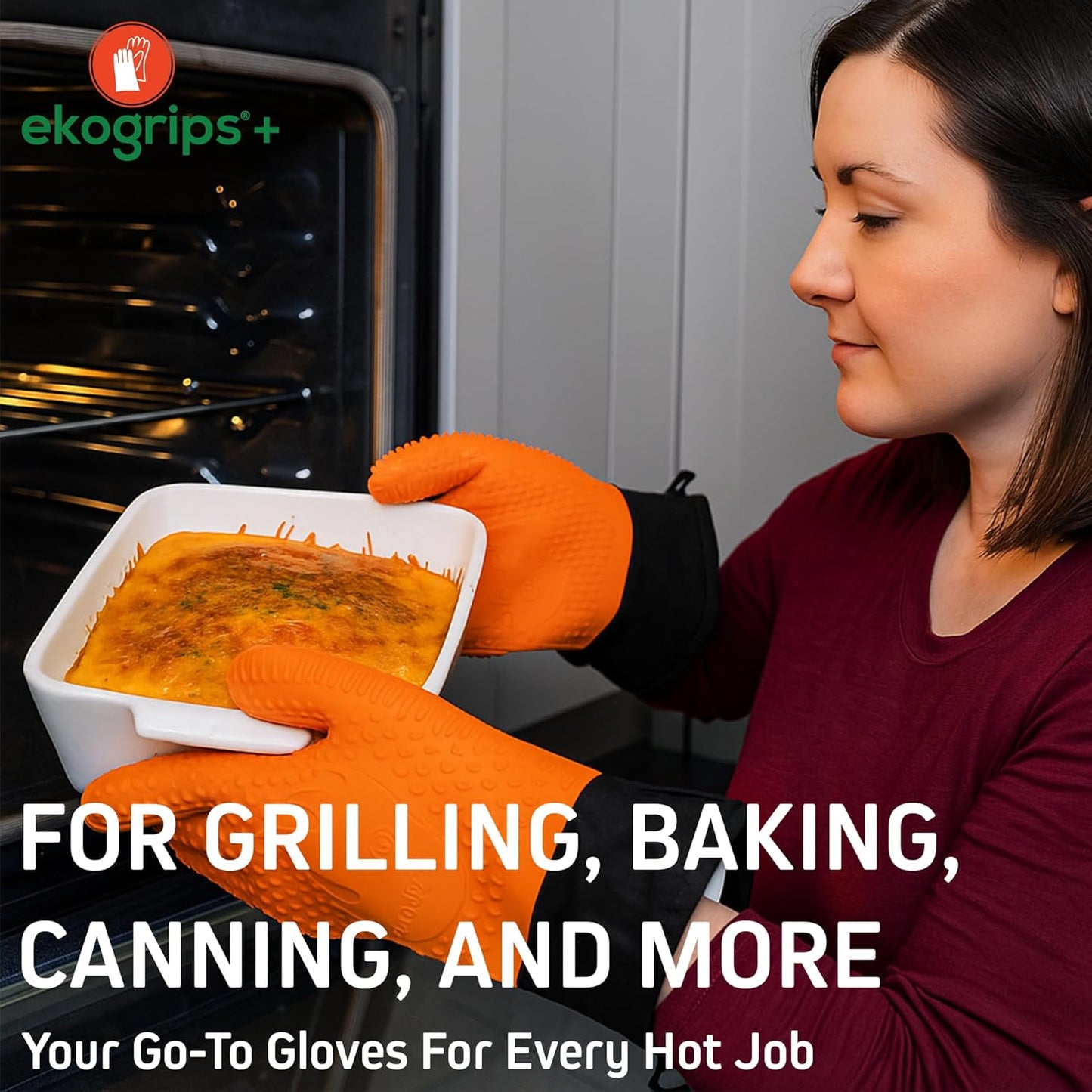 Ekogrips Plus Oven Gloves with Fingers, Comfy Waterproof Silicone Oven Mitts Heat Resistant with Long Cuff, Insulated BBQ Gloves Perfect for Grilling, Baking, Smoker, Canning, and Pizza, Orange, OSFM