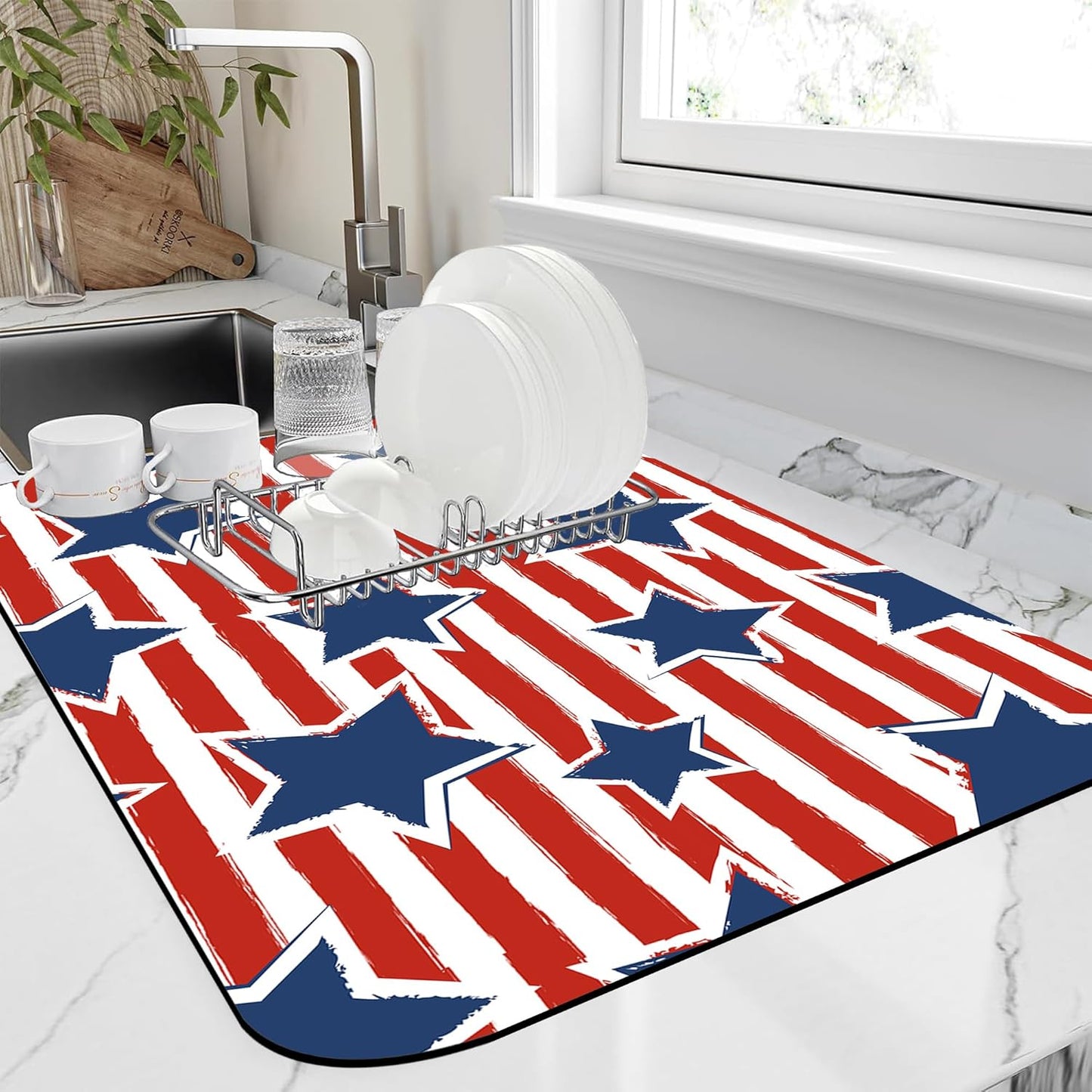 Dish Drying Mat Watercolor Blue Star Red Stripes Kitchen Mat 16"x24" Bsorbent Coffee Maker Mat for Dishes,Utensils Coffee Maker Pots and Pans Easy Clean Dish Slip Resistant Pad