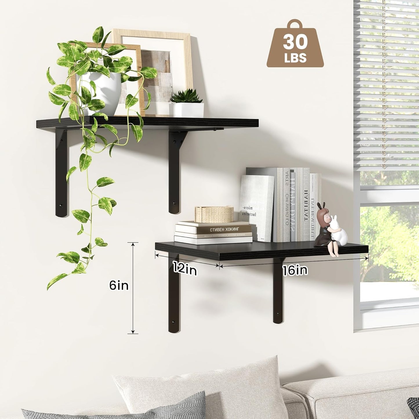 Fun Memories Floating Shelves for Wall, 12 Inch Deep Floating Shelves Set of 2, Wall Mounted Shelf with Metal Brackets, Rustic Wood Wide Shelf for Bathroom, Kitchen and Living Room, Black, 16W x 12D