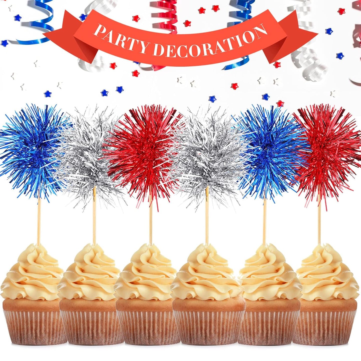 Chinco 100 Pcs Foil Firework Cupcake Toppers Sparkle Tinsel Cake Toppers Cake Decoration Cocktail Fruit Toothpick for Birthday Wedding Graduation Party(Silver, Red, Blue)