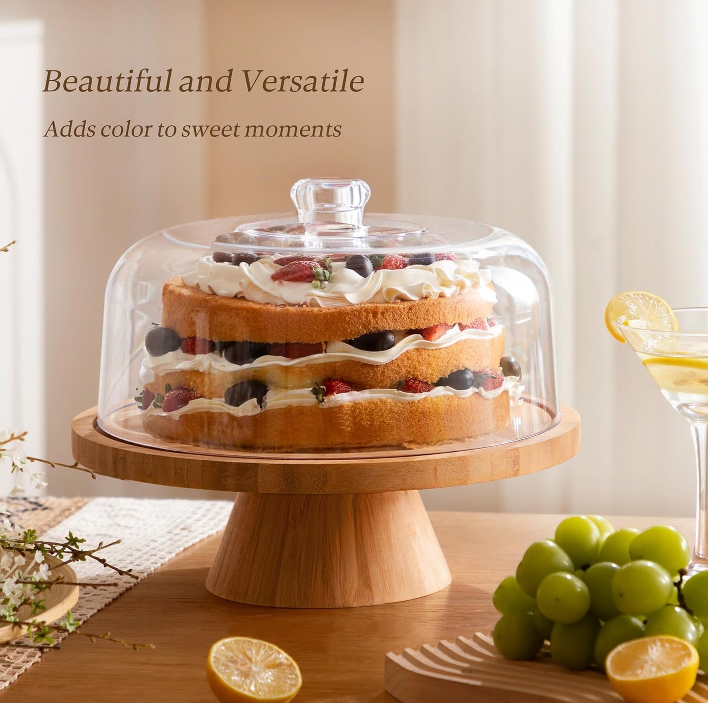 HBlife Cake Stand with Lid (11.4"), Multifunctional Cake Stand with Acrylic Dome, Bamboo 6-in-1 Cake Plate Display Stand with Cover for Baking Gifts, Birthday Kitchen Parties, Weddings
