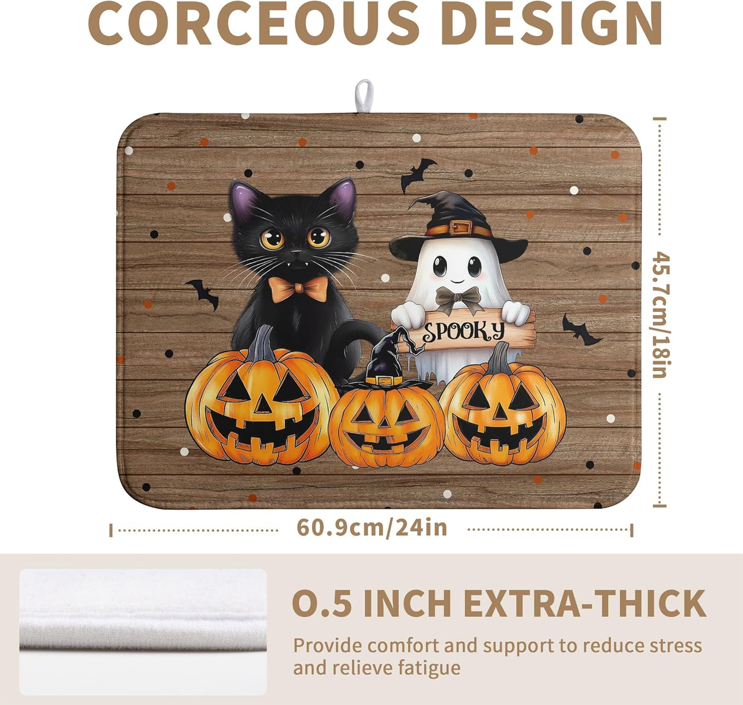 Halloween Spooky Pumpkin Dish Drying Mats Ghost Dish Mat Kitchen Cat Large Drying Matt Dishes Dryer Pad for Kitchen Counter Absorbent Microfiber Washable Foldable Reusable 18x24 in