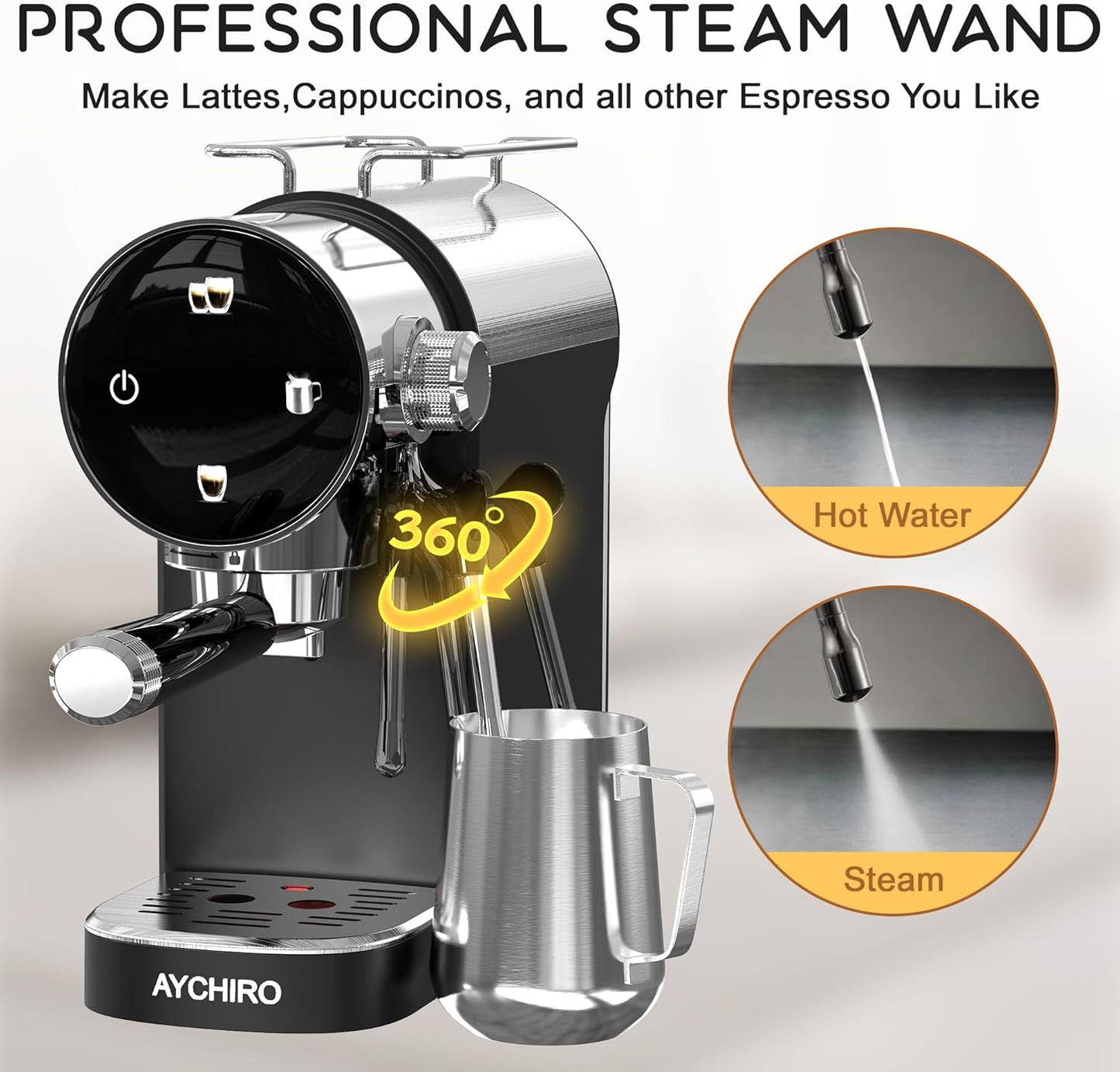 20 Bar Espresso Machine, Compact Espresso Maker with Milk Frother, Touchscreen Latte Maker with Detachable Drip Tray/Water Tank, Built-in Handle for Home and Office Use