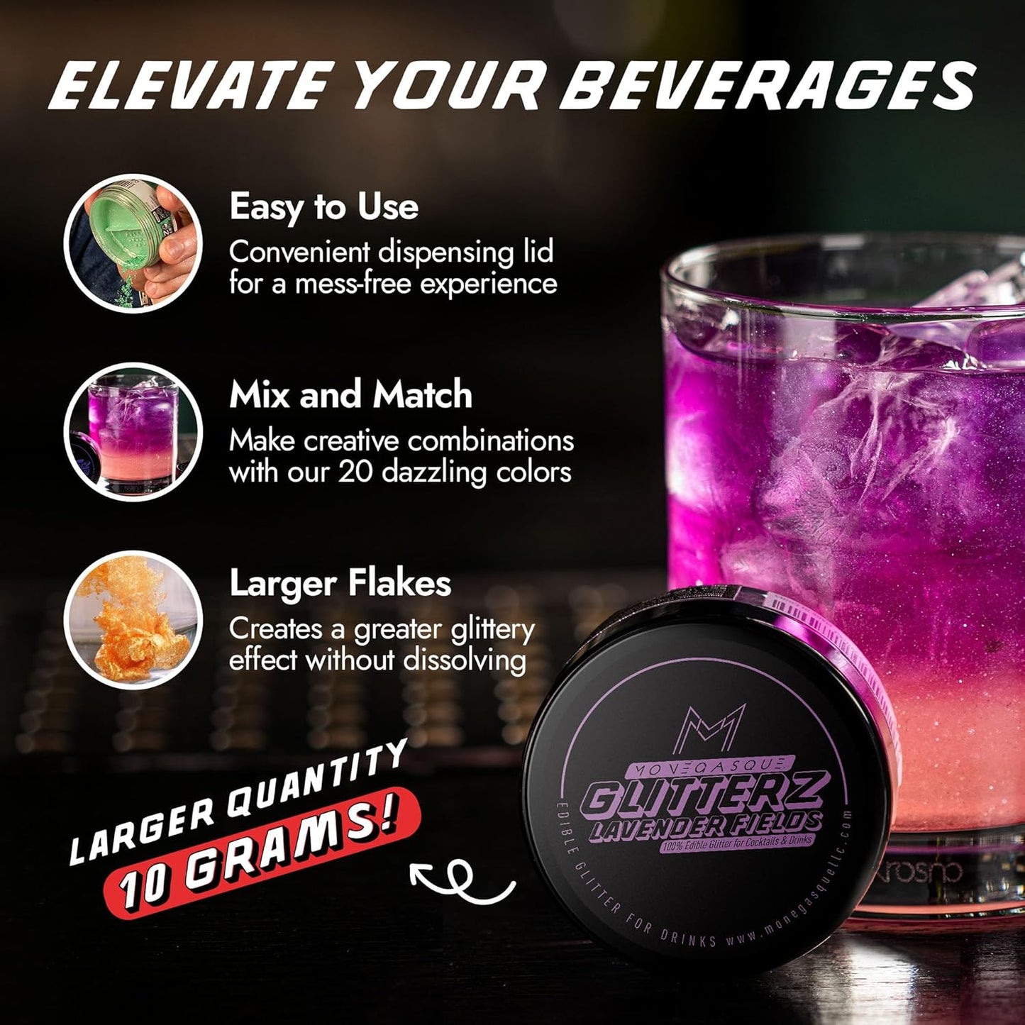 MONÉGASQUE Lavender Purple Edible Glitter for Drinks 10g – Purple Edible Glitter for Cakes & Cocktails – Halloween Cocktail Drink Shimmer – Food Decorating Sprinkles & Cake Decorations Spray Toppers