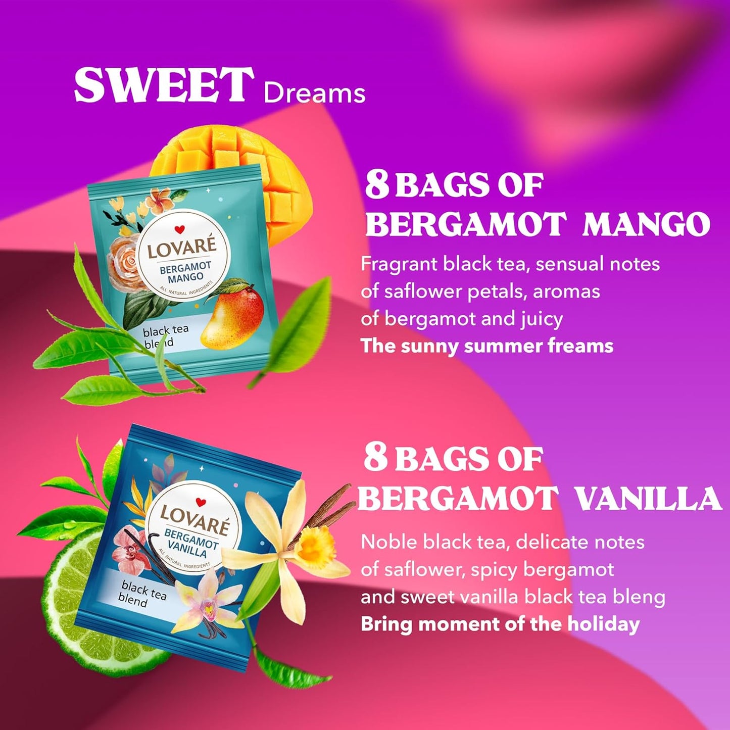 LOVARE Bergamot Assorted Tea Variety Pack 32 Pack, 4 Tastes - Made in Ukraine - Black Tea Bags Individually Wrapped - Assorted Tea Bags Variety Pack with Vanilla, Truffle, Mango, Pomegranate Flavors
