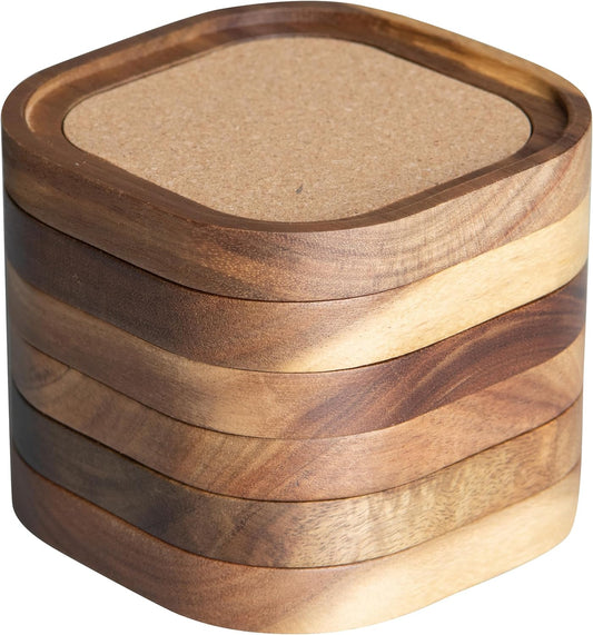 Acacia Wood Coasters for Drinks, 4.13 Inch, Set of 6, Squircles Insulation and Absorbent Cork Stackable Cup Holder, Rustic Coasters for Coffee Table, Designed by S1EGAN
