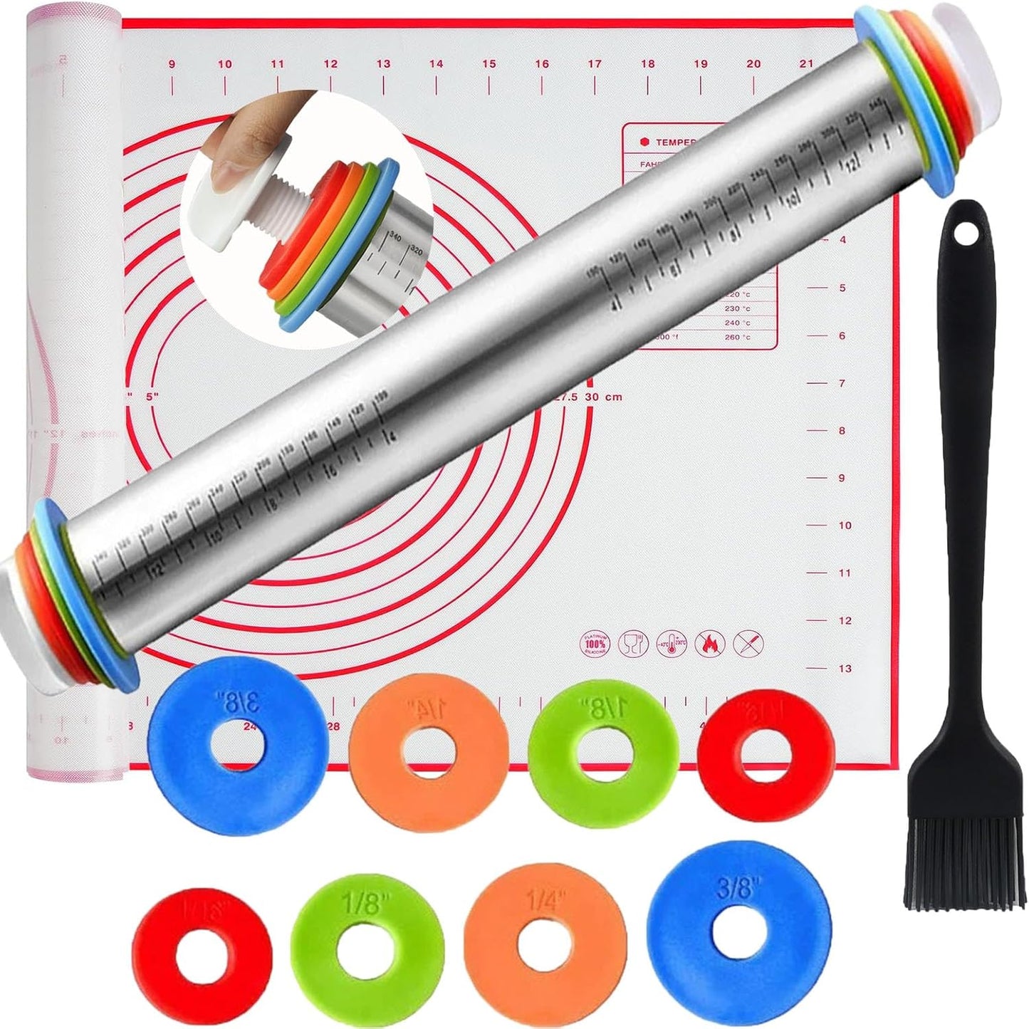 Adjustable Rolling Pin 3 Set and Silicone Baking Pastry Mat Silicone Bush Set,Thickness Rings,Stainless Steel Dough Roller 17.4" Rolling Pins for Baking Dough