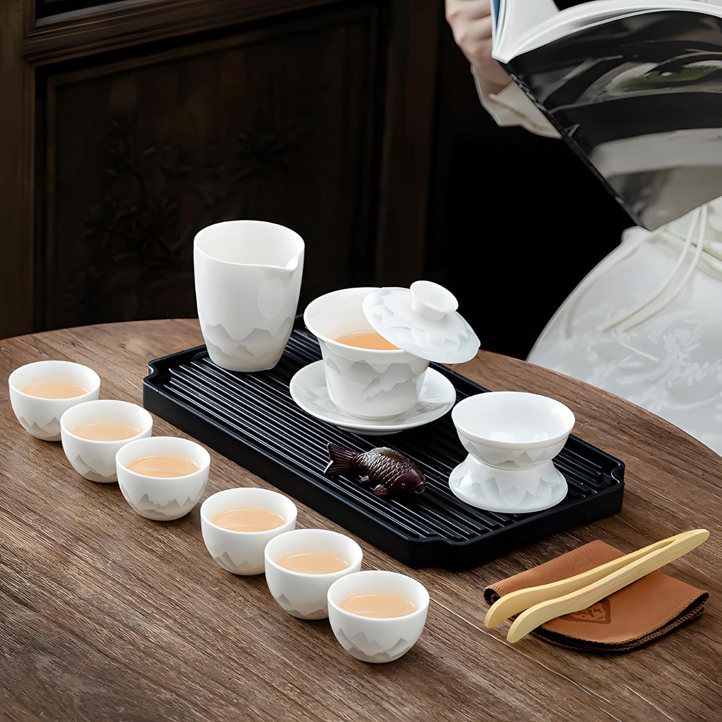 ICHAG Chinese Tea Set, Gongfu Tea Sets for Adults, China Gaiwan Teaset, 14-Piece Yangzhi Jade (茶具) Porcelain Set with Suspended Gaiwan & Tea Pet, Portable Travel Teaset for Home, Outdoor, Office Gifts