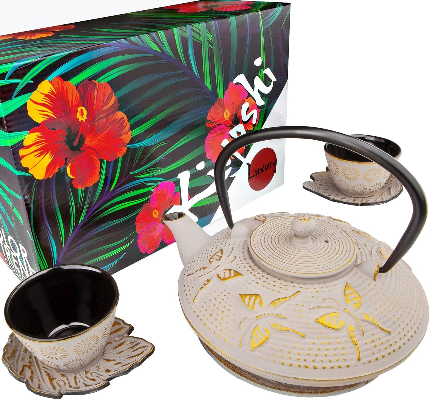 7PC Japanese Tea Set. "Sand Color" Cast Iron Tea Pot with 2 Tea Cups, 2 Saucers, Tea Infuser and Teapot Trivet. Ceremonial Matcha Accessories