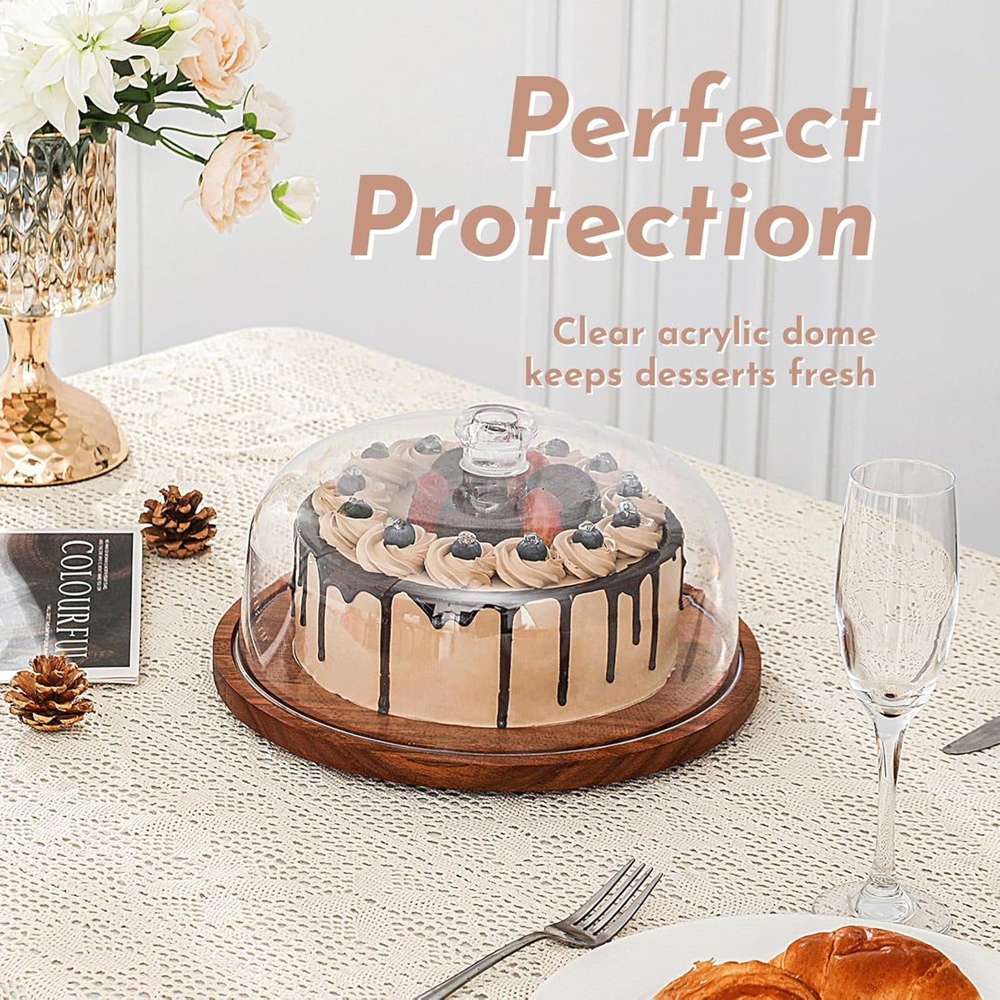 Acacia Wood Cake Stand with Acrylic Dome Lid, Cake Holder with Lid, Dessert Display Stand with Dome Cover, Charcuterie Boards for Cheese, Chips, Fruit, Cake Board, Cake Plate for Party, Wedding