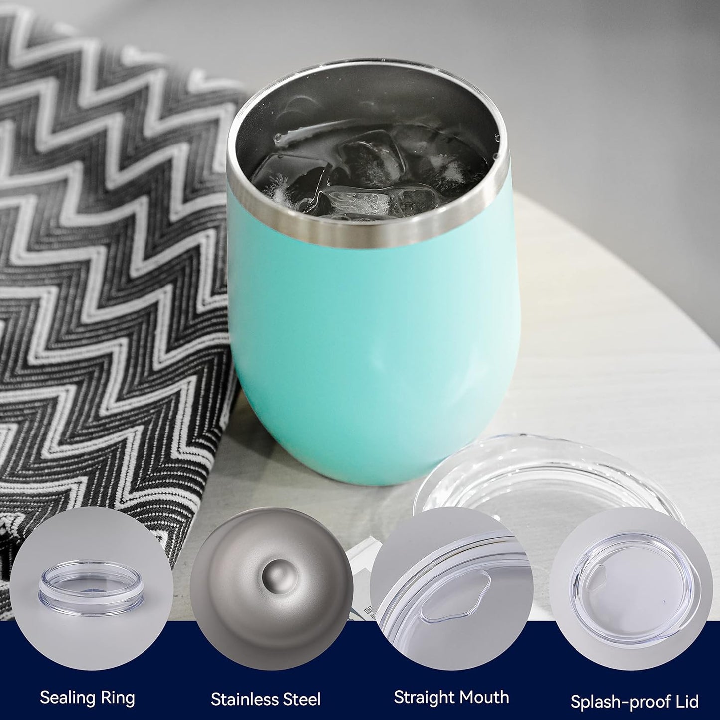 DOMICARE Stainless Steel Wine Tumbler Bulk with Lid, Personalized Insulated Tumblers Set, 12oz Travel Coffee Cups Pack of 1, Light Blue